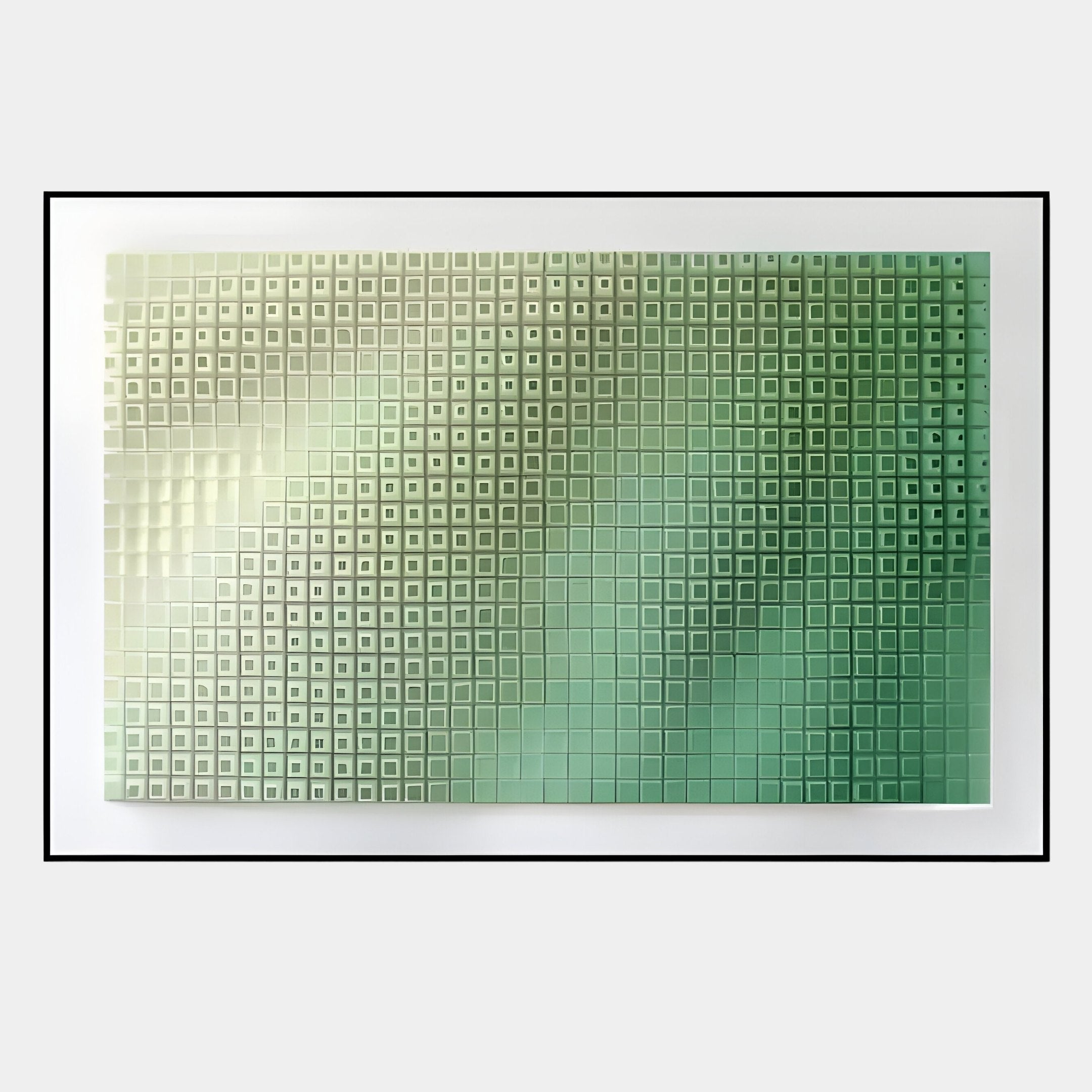 The Elytrum Green Grid Gradient Hand-Painted Wood Relief 3D Wall Art by Giant Sculptures features a rectangular array of small, raised squares in a green gradient from light top left to dark bottom right, set on white with a slim black frame.