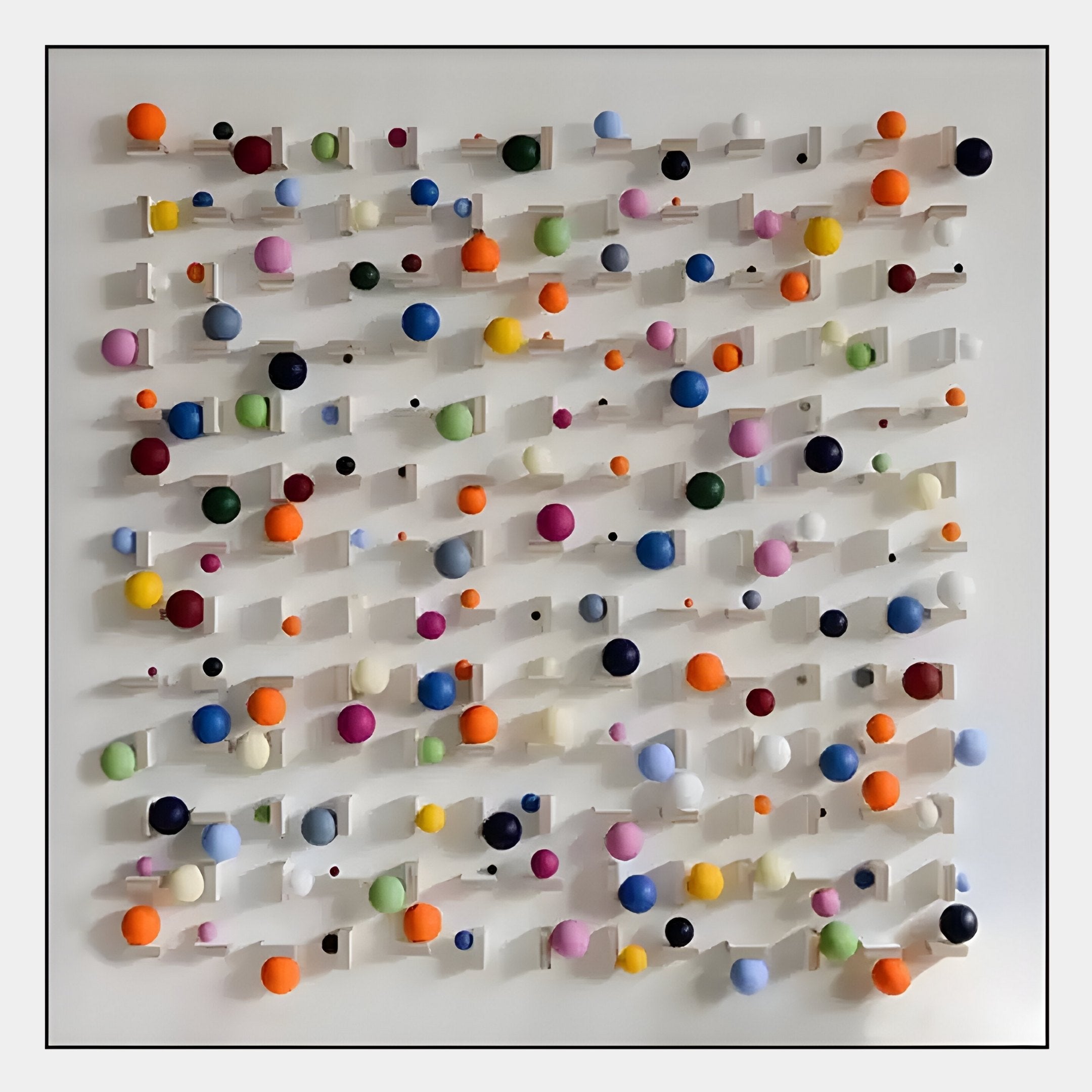 The Aeris Multi-Coloured Wooden Sphere 3D Wall Art by Giant Sculptures features a white square grid with rows of vibrant wooden spheres in various sizes attached to small pegs, creating an abstract geometric indoor display.