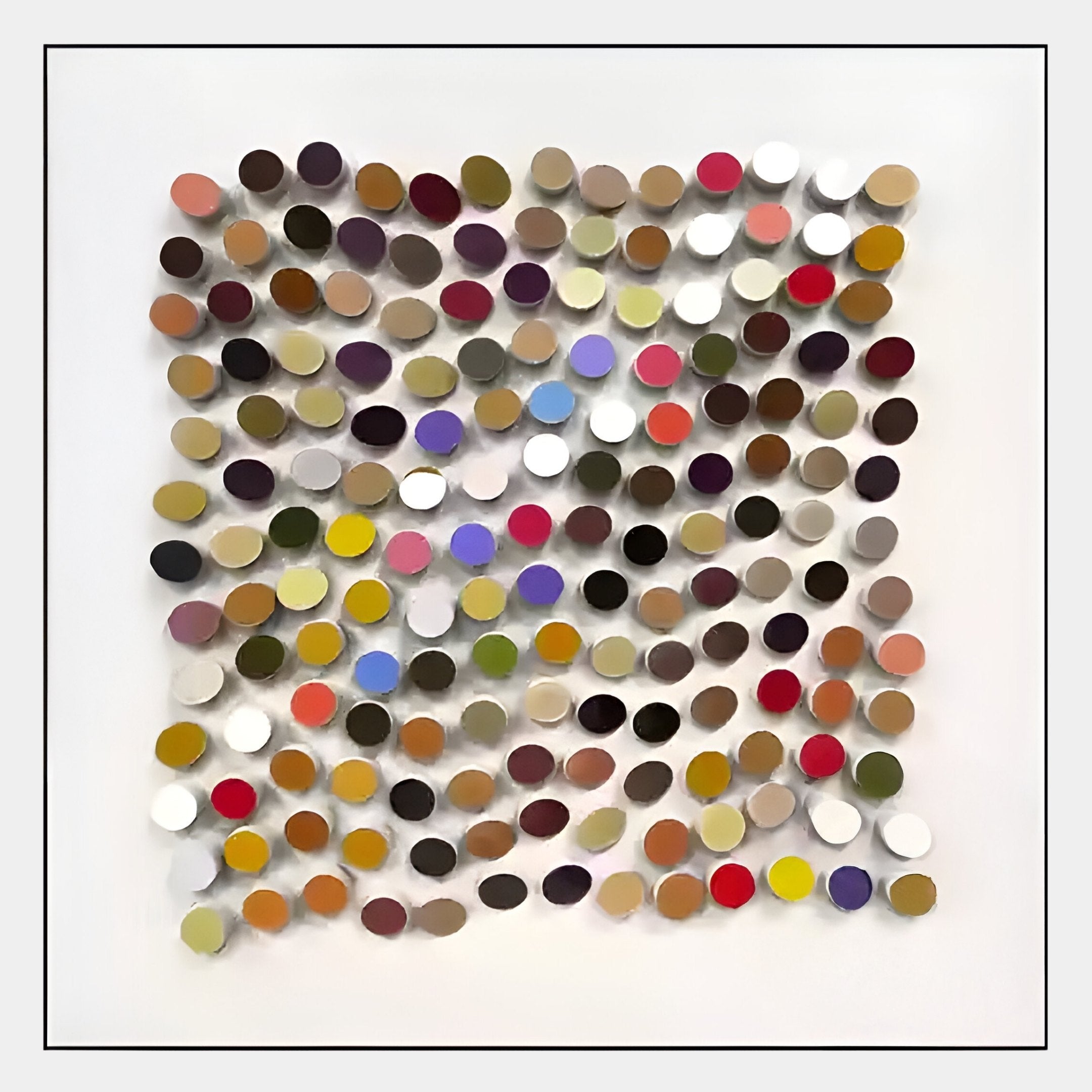 The Aeris Multi-Coloured Wooden Disc 3D Wall Art by Giant Sculptures features small, oval-shaped wooden discs in vibrant colors arranged in a grid—ideal for adding a striking touch to your interior decor.