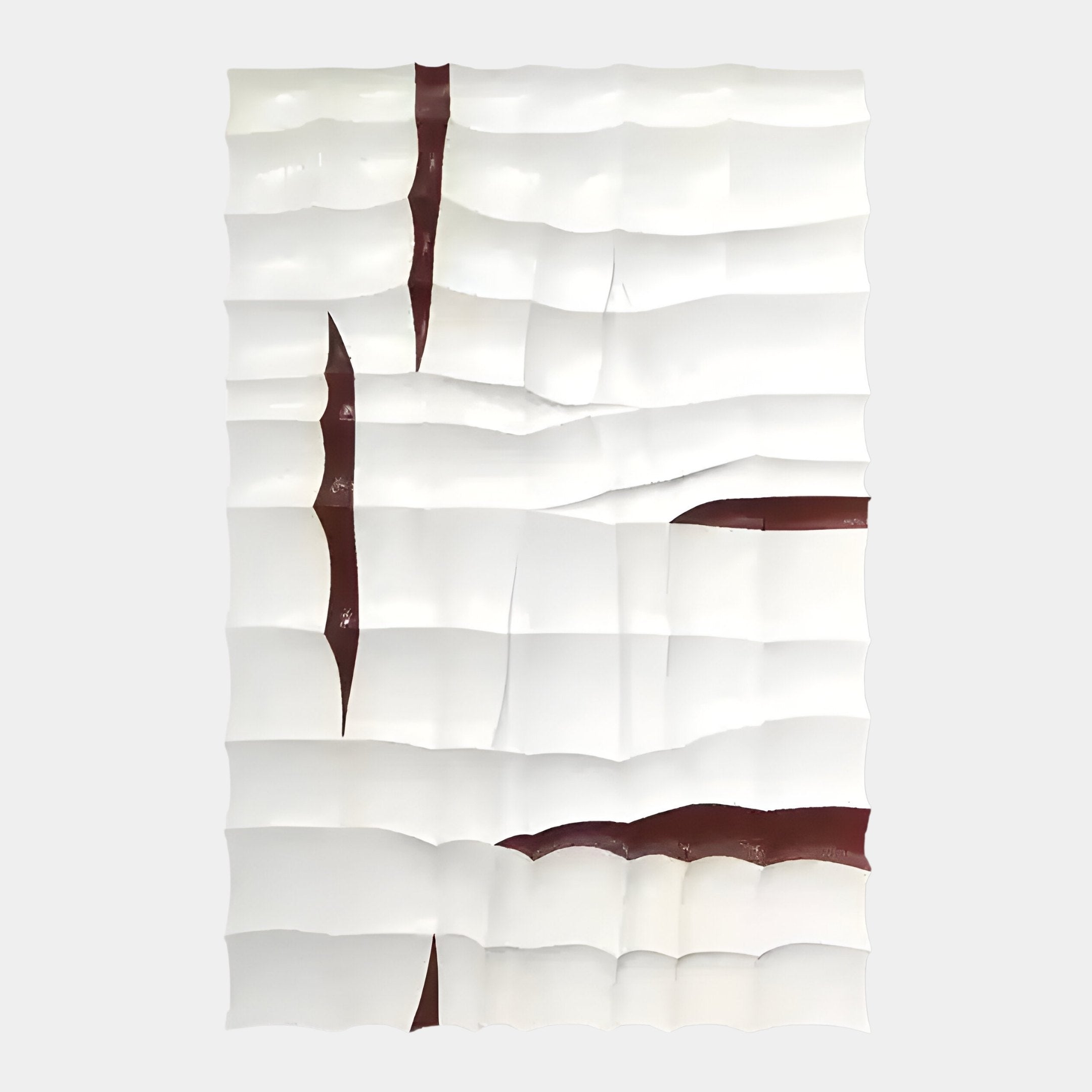 Striata White & Burgundy Wood Carving 3D Wall Art by Giant Sculptures features a white wavy textured surface with irregular horizontal ridges and jagged dark burgundy cracks, set against a plain light gray background.