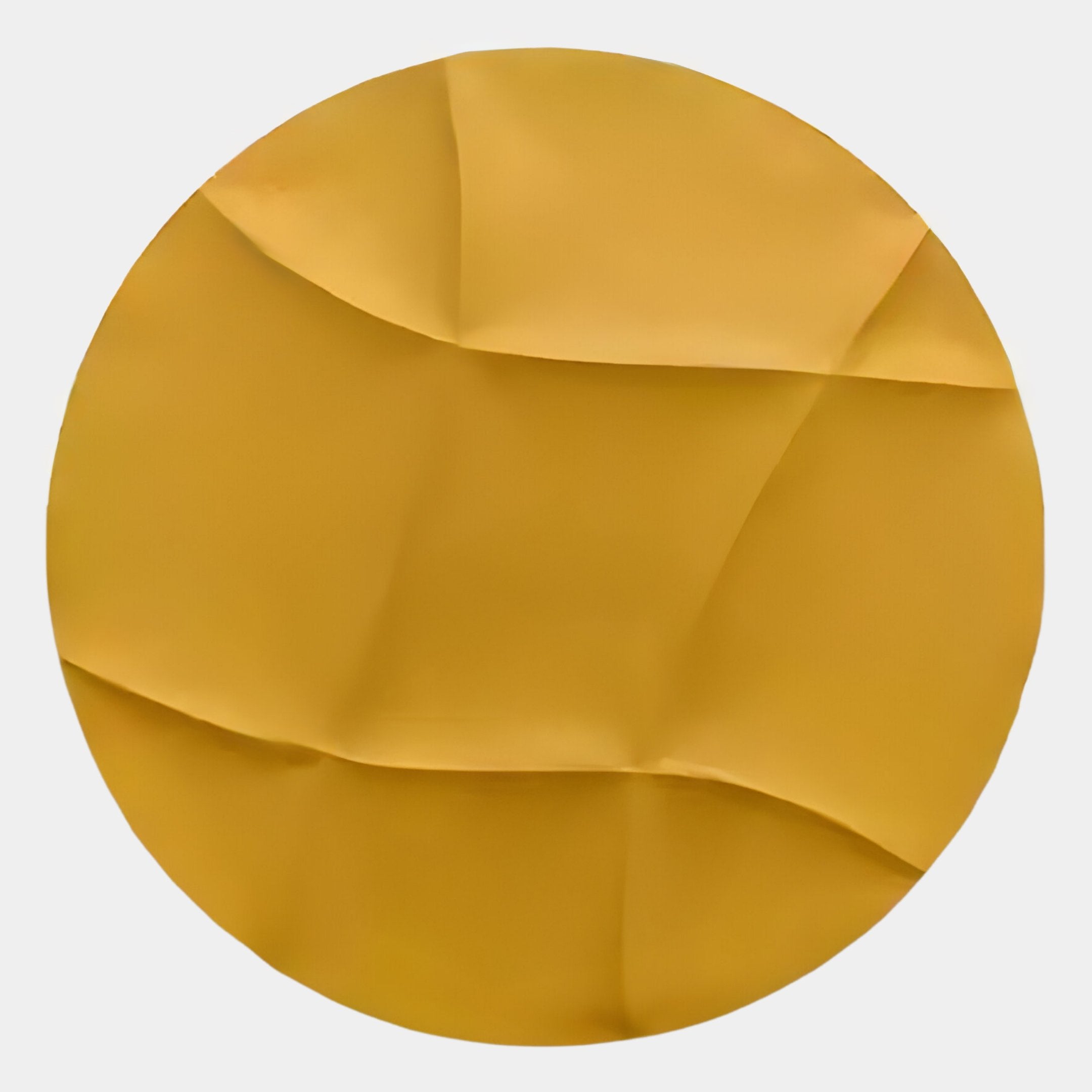 The Orbura Yellow Circular 3D Wood Relief Wall Art by Giant Sculptures features a round yellow design with striking creases and folds, resembling sculptural circular wall art, displayed on a plain white background.