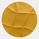 The Orbura Yellow Circular 3D Wood Relief Wall Art by Giant Sculptures features a round yellow design with striking creases and folds, resembling sculptural circular wall art, displayed on a plain white background.