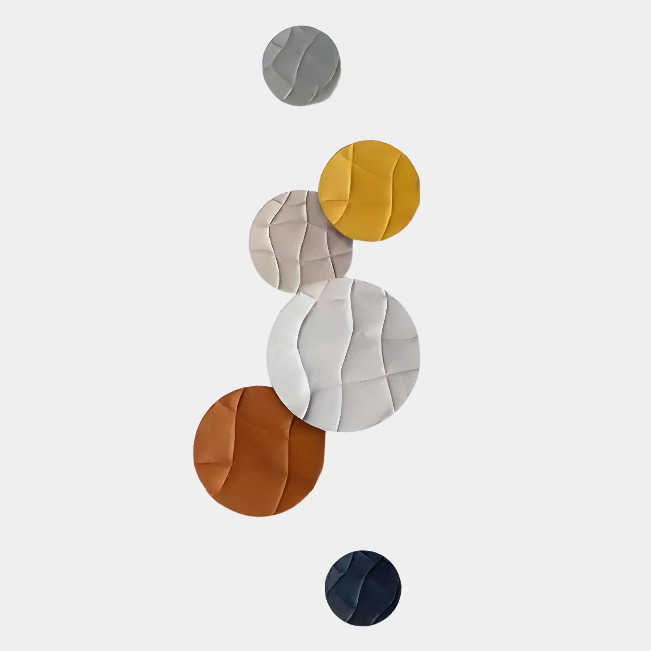 The Giant Sculptures Orbura 6-Set Circular Earth-Tone 3D Wood Relief Wall Art features six vertically arranged wood panels in gray, yellow, beige, white, rust, and navy against a plain white background.