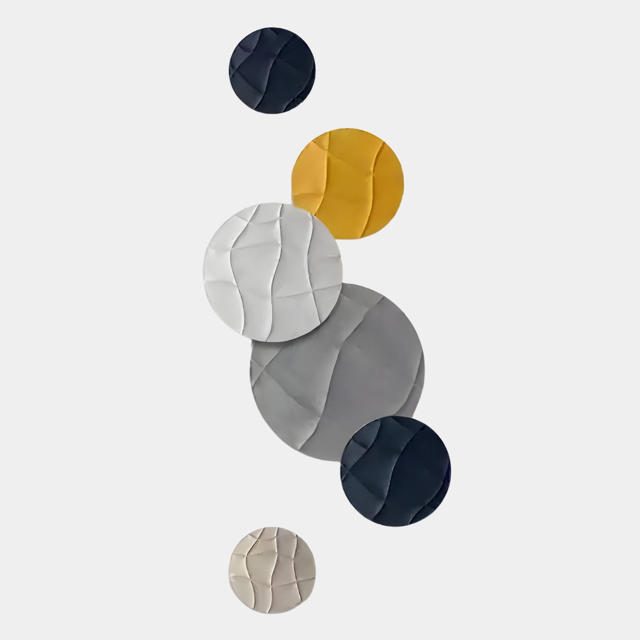 The Orbura 6-Set Circular Neutral Grey 3D Wood Relief Wall Art by Giant Sculptures features overlapping textured circles in black, gold, gray, and beige for a modern abstract statement on your wall.