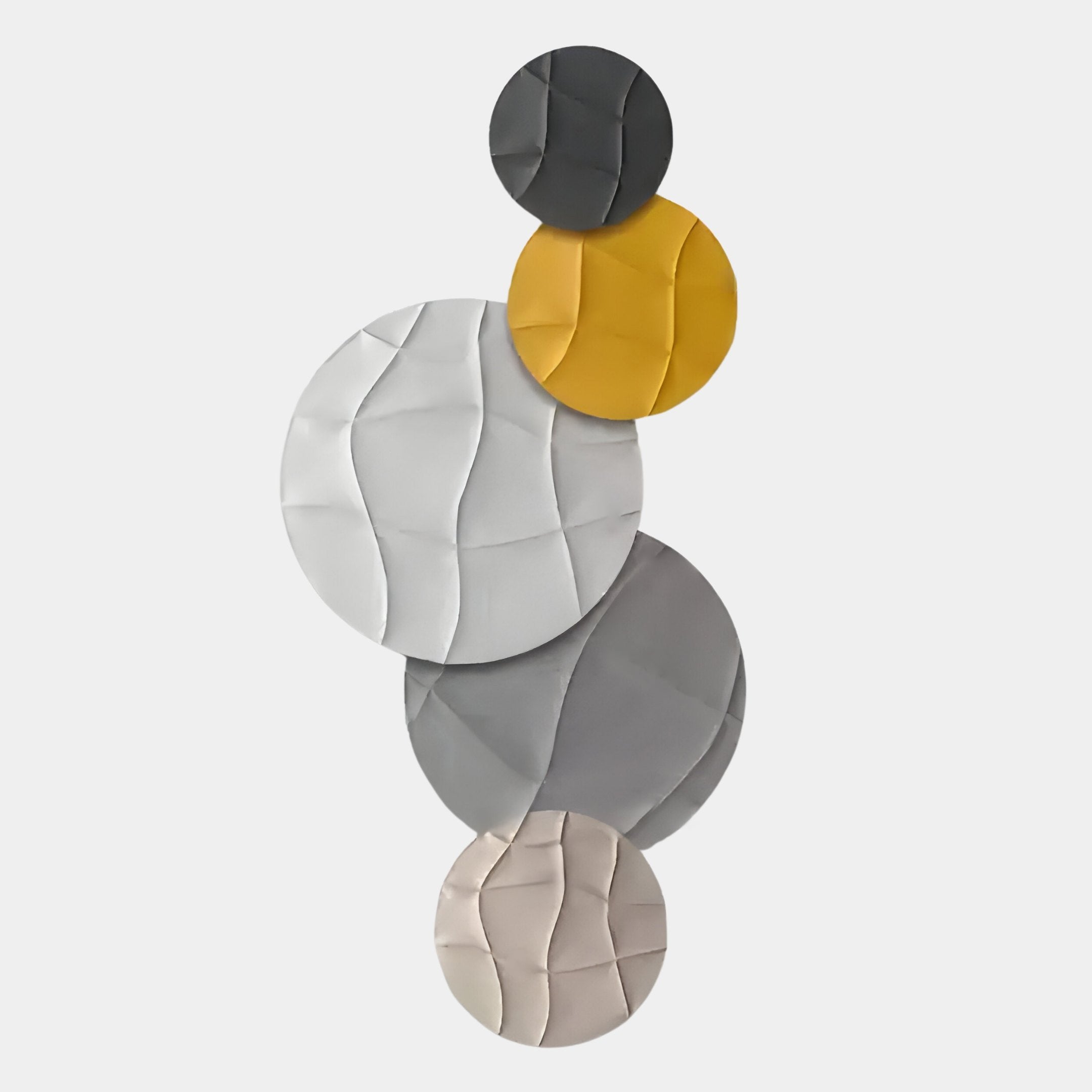 The Orbura 5-Set Circular Grey & Yellow 3D Wood Relief Wall Art by Giant Sculptures features five overlapping textured circles in black, gold, light grey, dark grey, and beige with a wavy quilted surface on white.