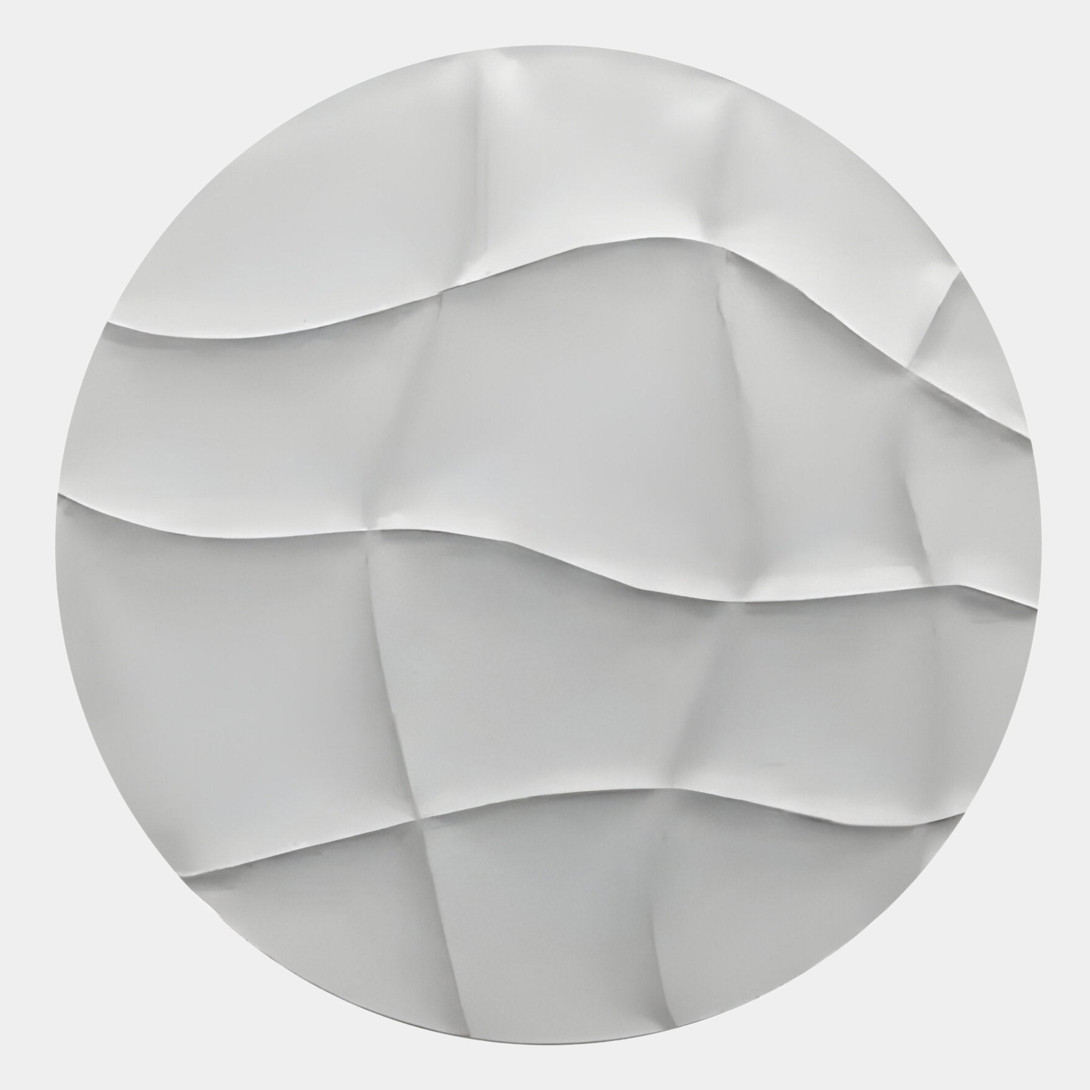 The Orbura White Circular 3D Wood Relief Wall Art by Giant Sculptures features softly folded and creased white panels, creating a minimalist look with textured dimension and subtle shadow effects.