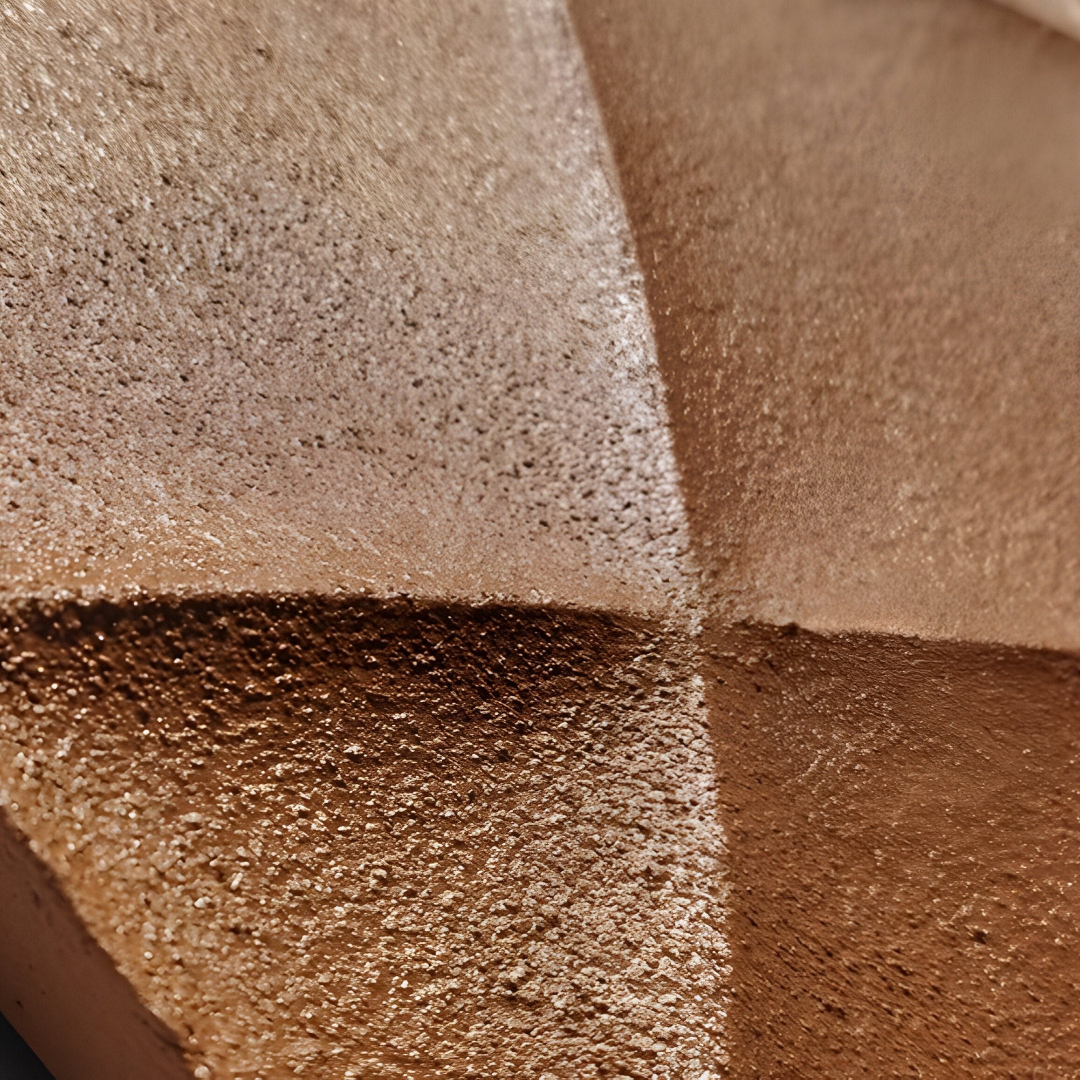 Close-up of the Orbura Terracotta Circular 3D Wood Relief Wall Art by Giant Sculptures, featuring faceted bronze and brown textures with geometric lines and mixed rough and smooth finishes for a striking, modern look.