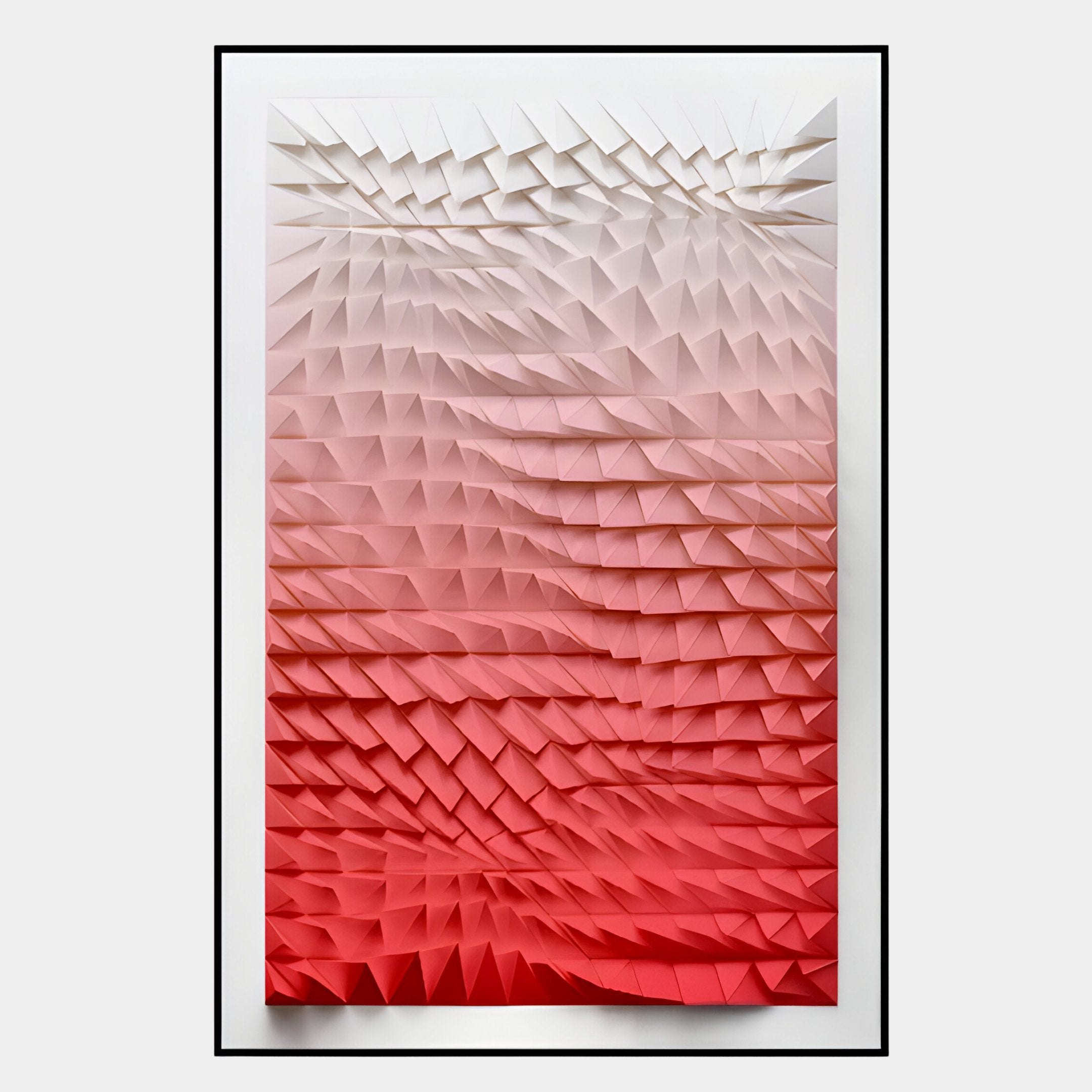 The Elorium Red Gradient Hand-Painted Wood Relief 3D Wall Art by Giant Sculptures features hand-carved, grid-patterned triangles in wood, fading from white to deep red for a bold, dimensional wall art effect.