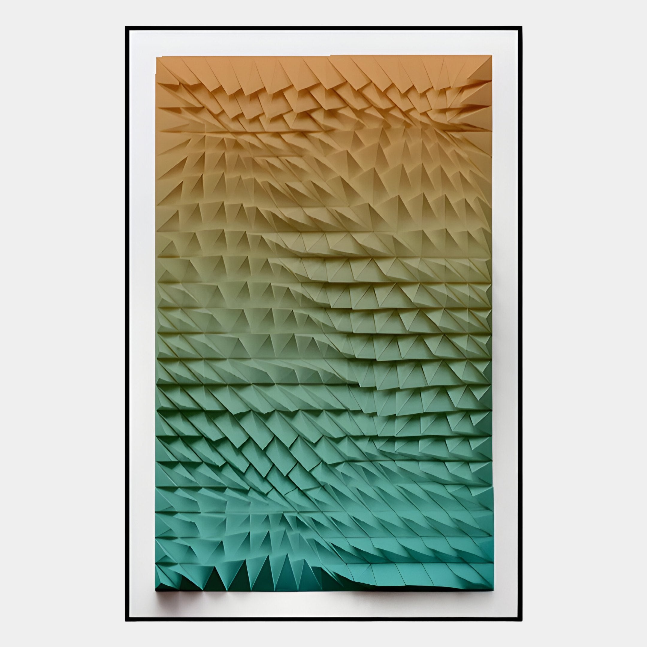 The Elorium Dual Gradient Hand-Painted Wood Relief 3D Wall Art by Giant Sculptures features a rectangular design with three-dimensional pyramid shapes and dual gradient colors transitioning from light tan to green and blue for a striking visual effect.