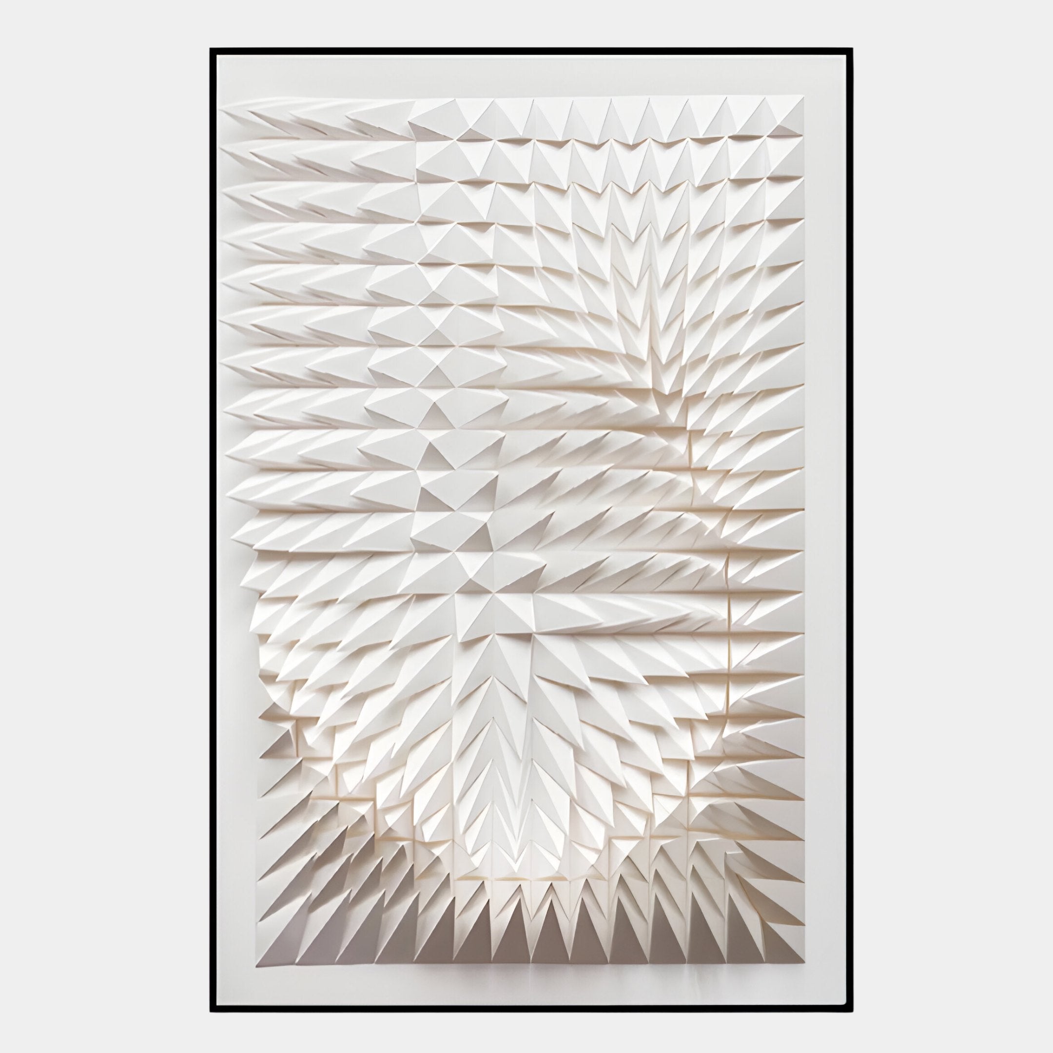 The Elorium White Diamond Hand-Painted Wood Relief 3D Wall Art by Giant Sculptures features a modern geometric design with outward-folded triangular shapes, creating a textured abstract pattern in a sleek black-framed rectangle.