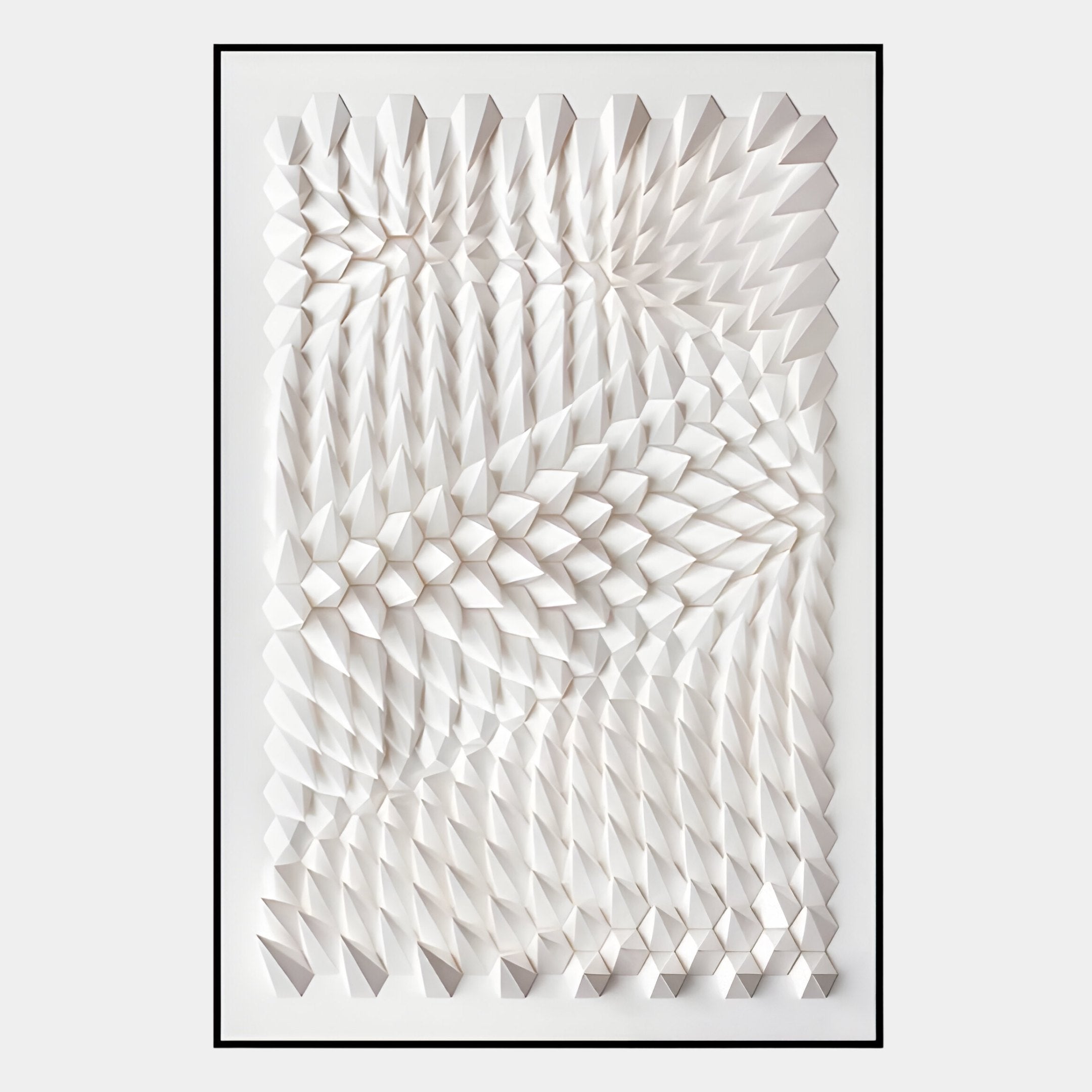 The Elorium White Concentric Hand-Painted Wood Relief 3D Wall Art by Giant Sculptures features textured geometric patterns in a black rectangular frame, adding a striking optical illusion effect to your décor.