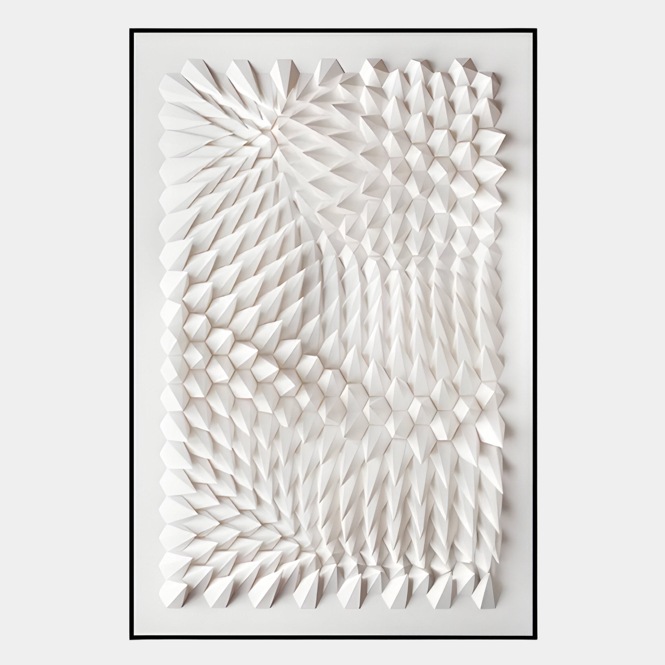 The Elorium White Strata Hand-Painted Wood Relief 3D Wall Art by Giant Sculptures features intricate geometric diamond and triangular forms, creating a textured, wave-like effect ideal for a contemporary space.