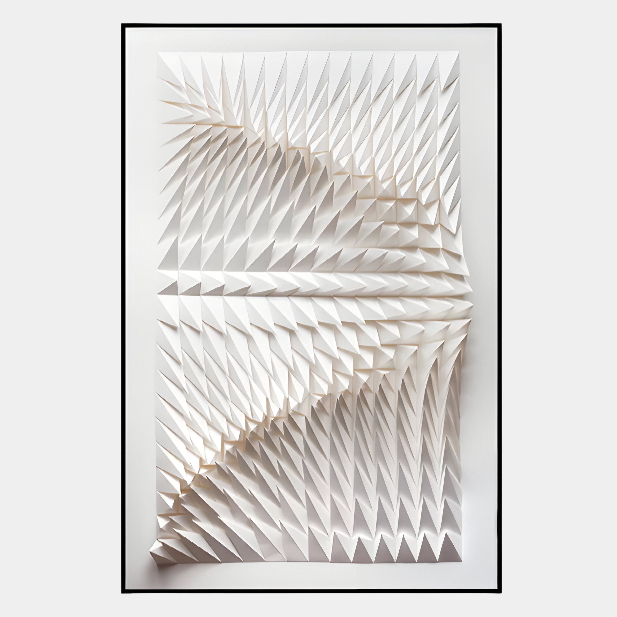 The Elorium White Facet Hand-Painted Wood Relief 3D Wall Art by Giant Sculptures features a geometric pattern of folded triangles, creating a textured, wave-like effect across its surface.
