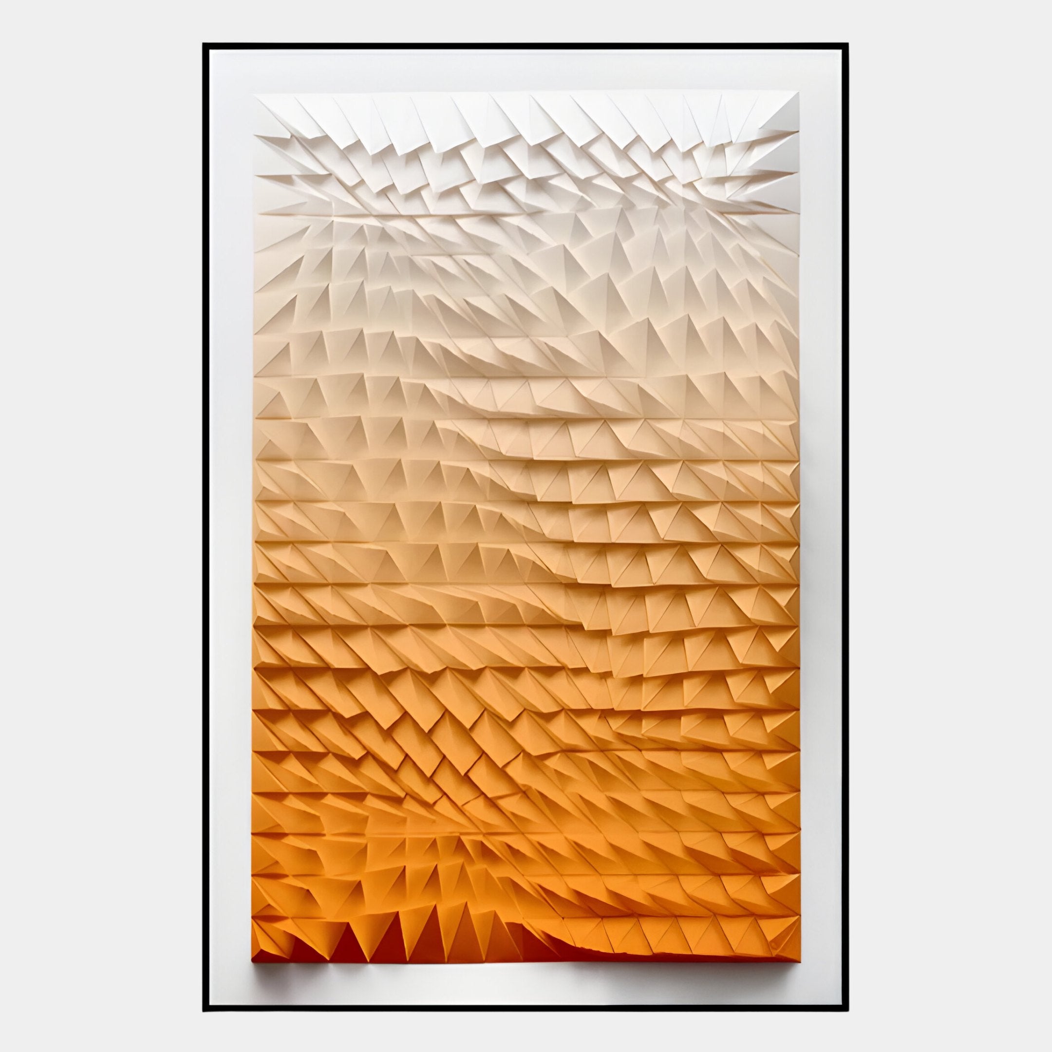 The Elorium Orange Gradient Hand-Painted Wood Relief 3D Wall Art by Giant Sculptures features hand-painted, three-dimensional geometric triangles that shift from white to orange, creating a striking gradient effect.