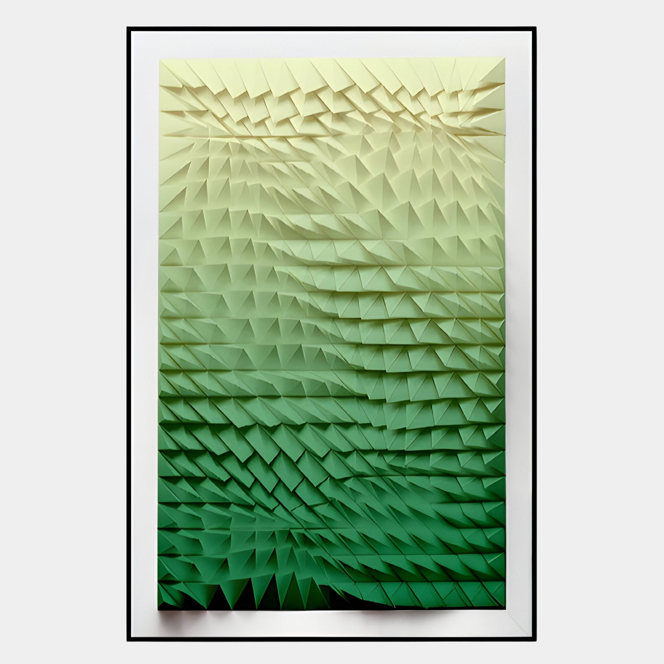 Giant Sculptures’ Elorium Green Gradient Hand-Painted Wood Relief 3D Wall Art features textured, geometric triangular forms in a hand-painted gradient from light yellow to deep green, creating a striking abstract effect.