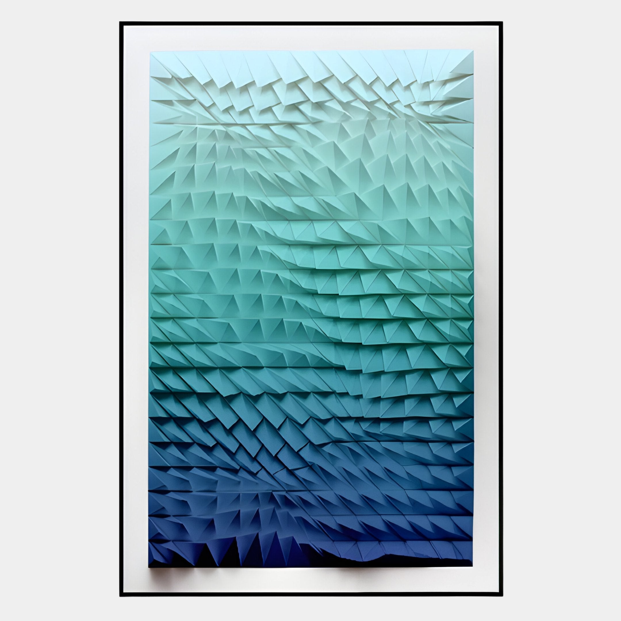 The Elorium Blue Gradient Hand-Painted Wood Relief 3D Wall Art by Giant Sculptures features folded, triangular forms in coastal blue gradients, evoking stylized waves or a digital ocean.