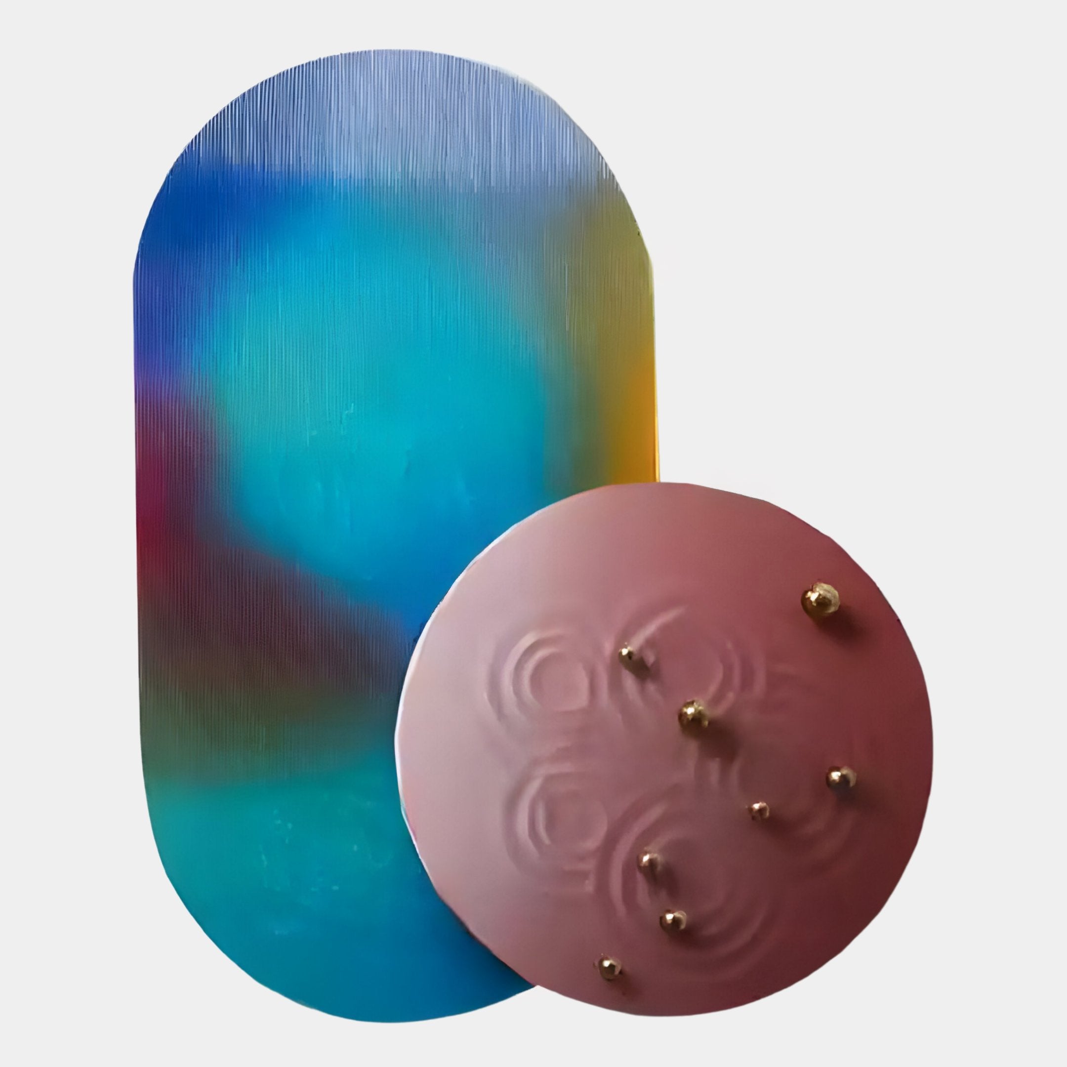 The Embera Abstract Circle Deep Burgundy & Teal 3D Wall Art by Giant Sculptures features a large vertical gradient panel and a smaller circular design with raised gold spheres, creating an eye-catching and modern wall accent.