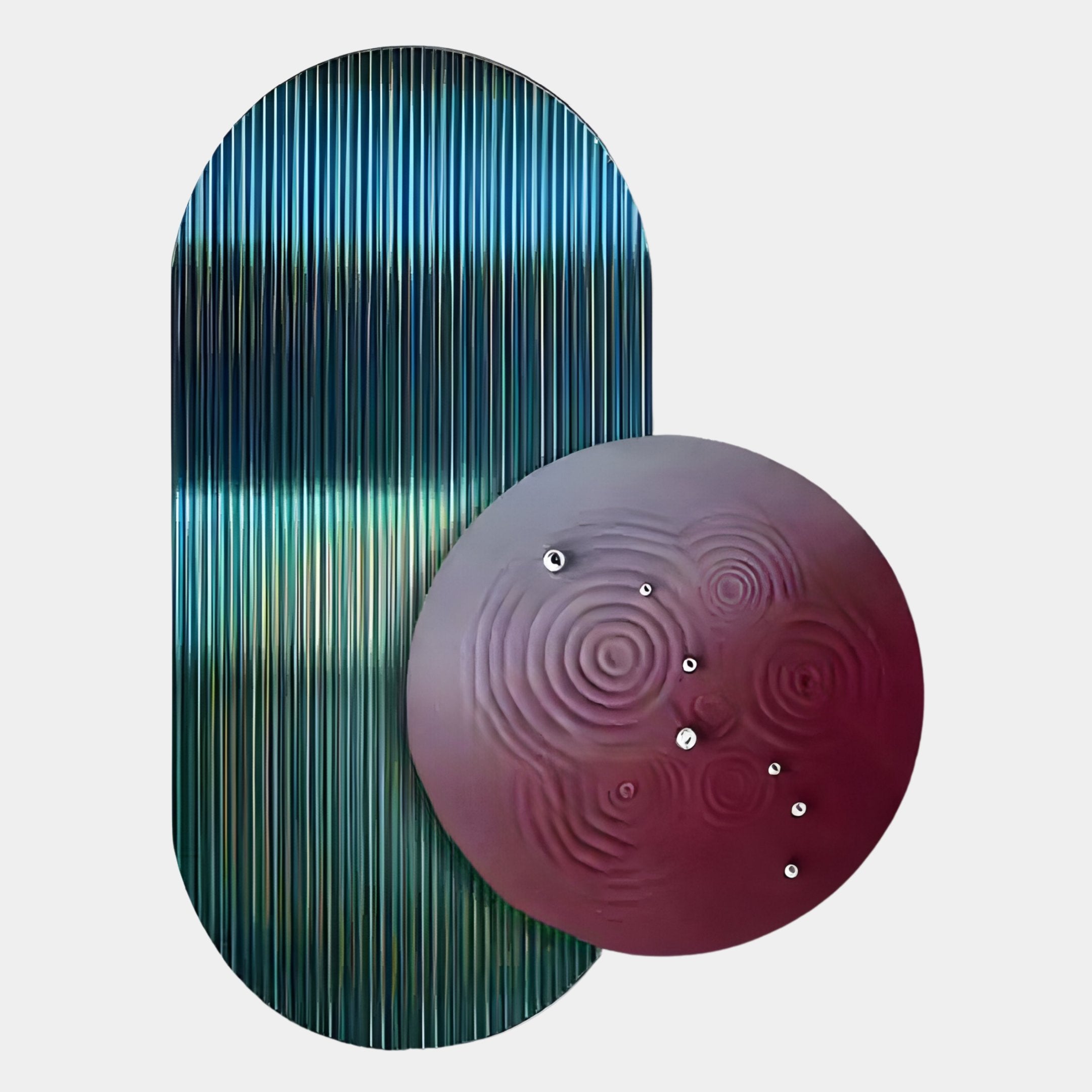 The Embera Abstract Circle Navy Warm Gradient 3D Wall Art by Giant Sculptures features a tall, ribbed oval in blue and green, overlapped by a red-purple circle with metallic spheres on its textured surface.