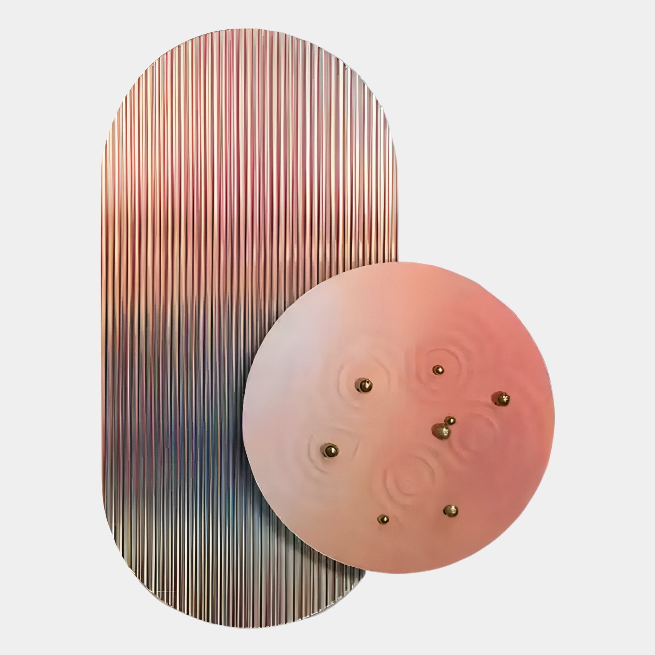 The Embera Abstract Circle Warm Blush Gradient 3D Wall Art by Giant Sculptures features a metallic striped oval and a blush gradient circle with raised patterns and gold spheres, creating striking, dimensional art.