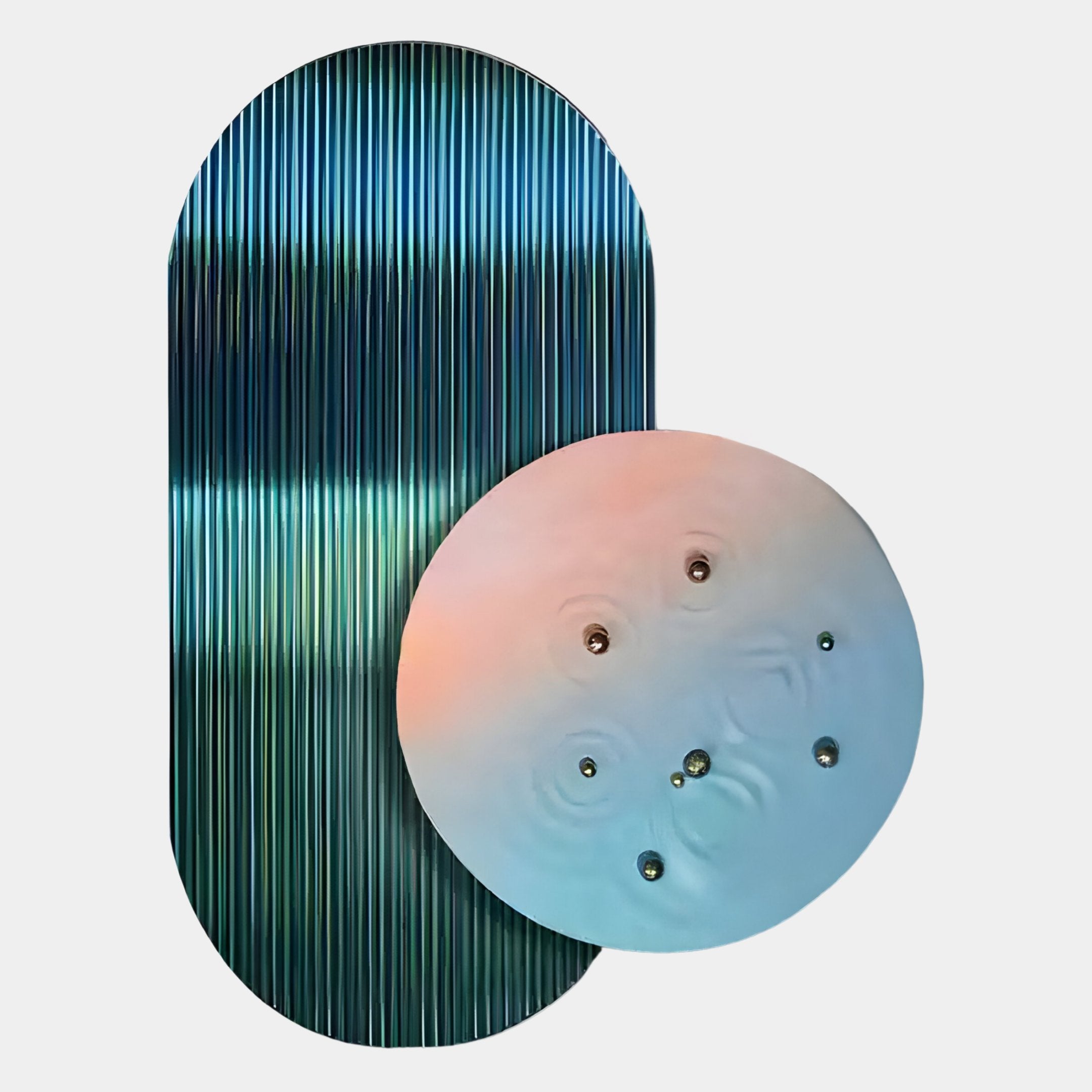 An abstract piece by Giant Sculptures, the Embera Abstract Circle Pastel Gradient 3D Wall Art features a large blue-striped oval overlapped by a pastel gradient circle with metal spheres, creating striking textured layers and visual depth.