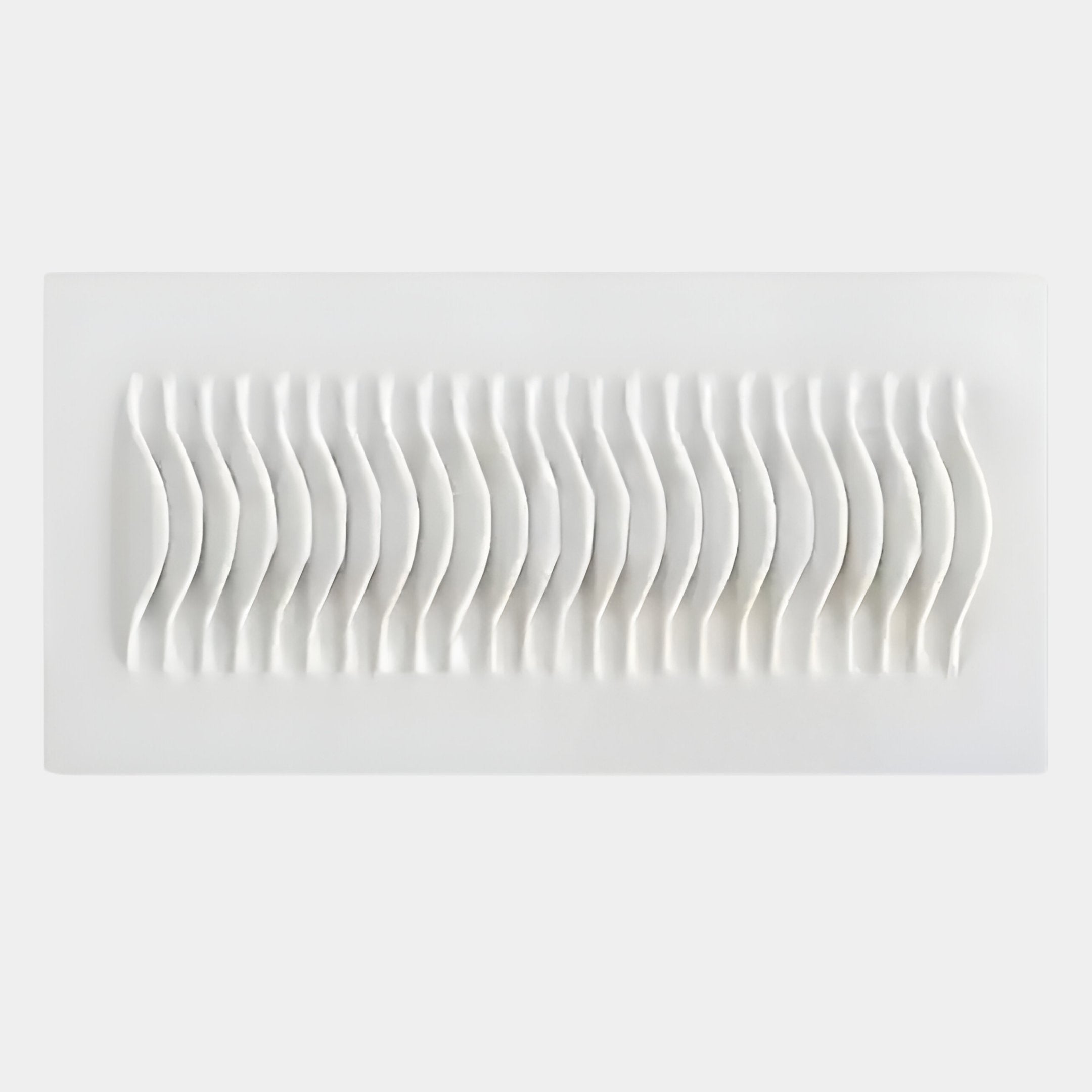 The Giant Sculptures Ondara Wave White Horizontal Wood Relief 3D Wall Art features a rectangular design with wavy, parallel ridges in neat rows, creating a striking pattern against a plain background.