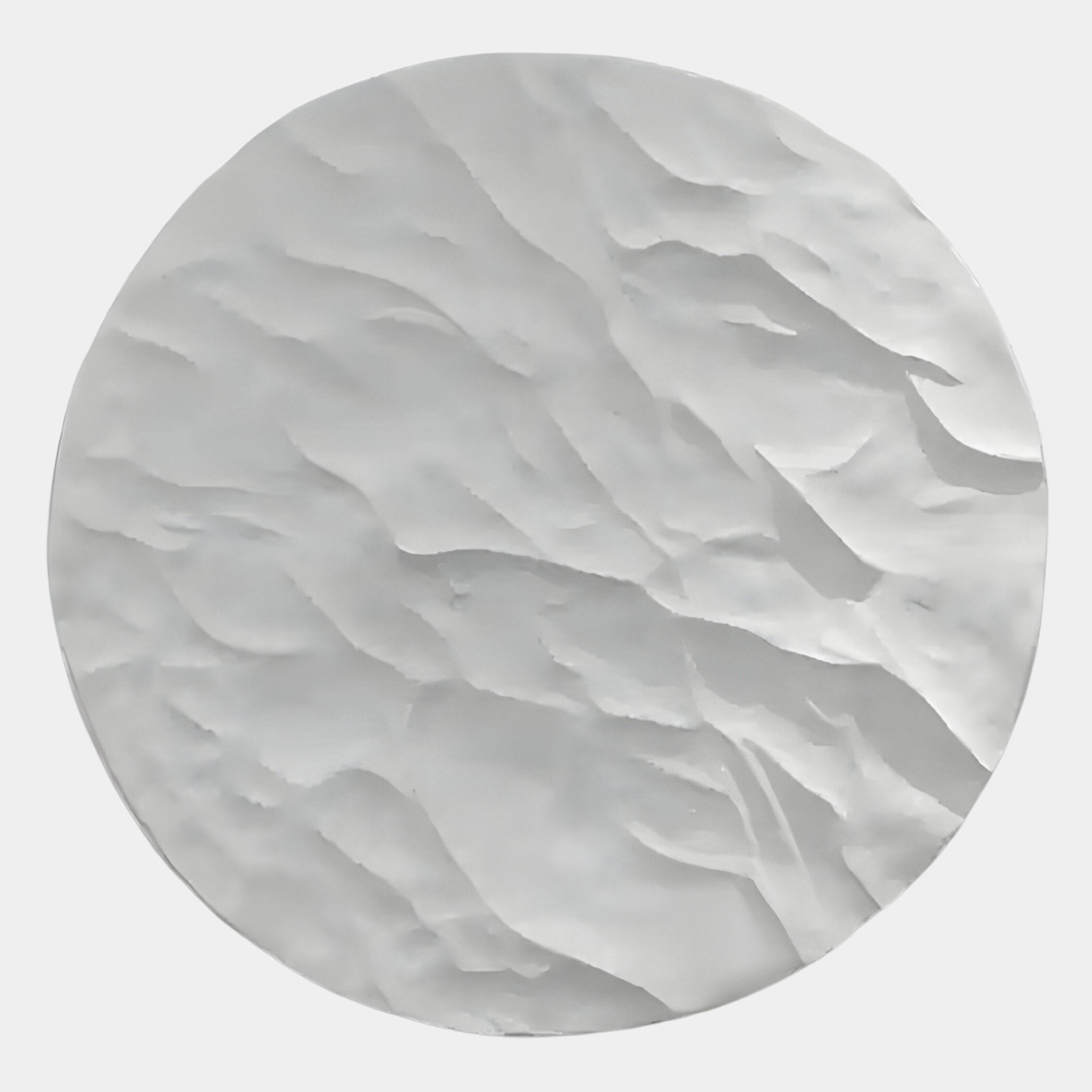 The Orenda Subtle Wave White Wood Relief 3D Wall Art by Giant Sculptures features a round, textured, crumpled white surface, evoking a minimalist aesthetic and serving as unique abstract wall art.