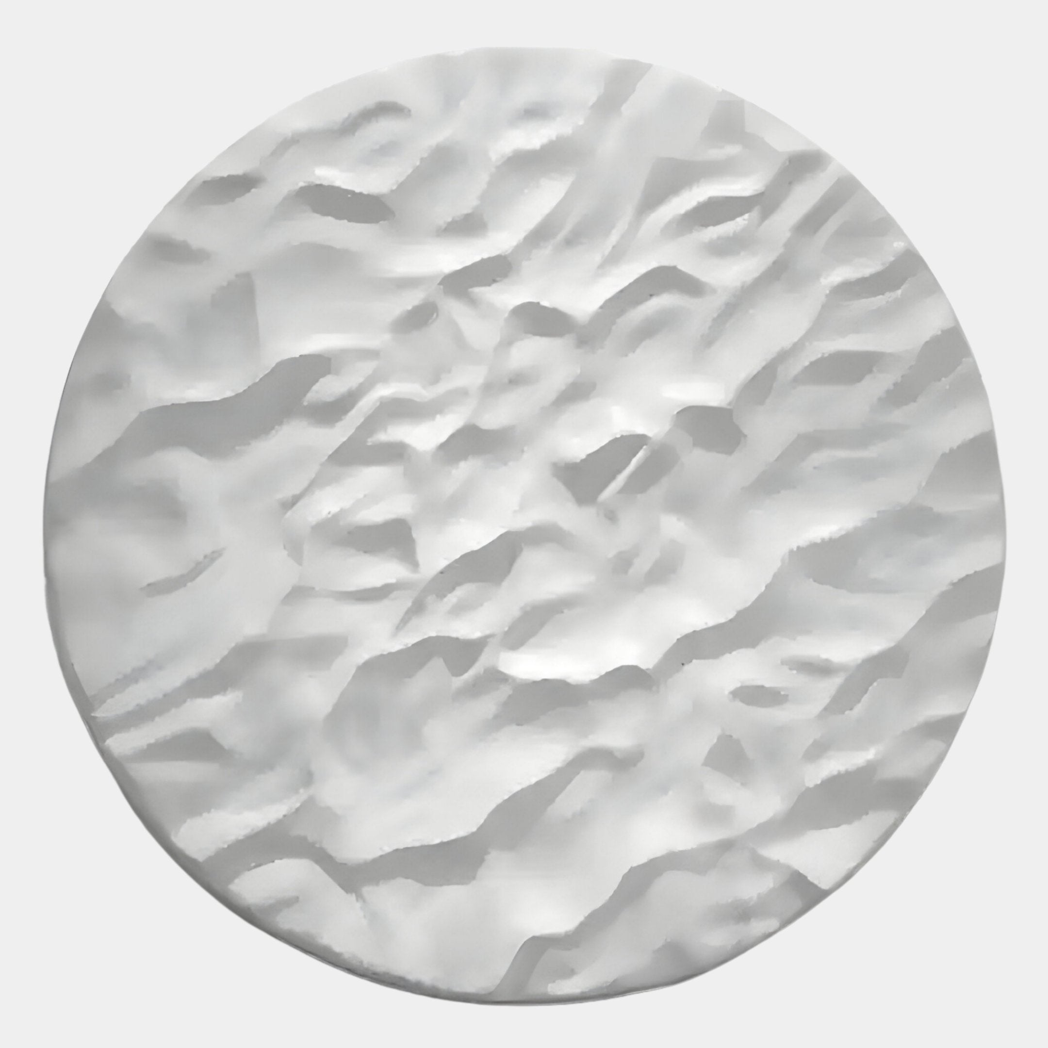 The Orenda Organic Wave White Wood Relief 3D Wall Art by Giant Sculptures features a round, white, textured surface with soft shadows and wavy patterns—showcasing minimalist craftsmanship and striking 3D design.