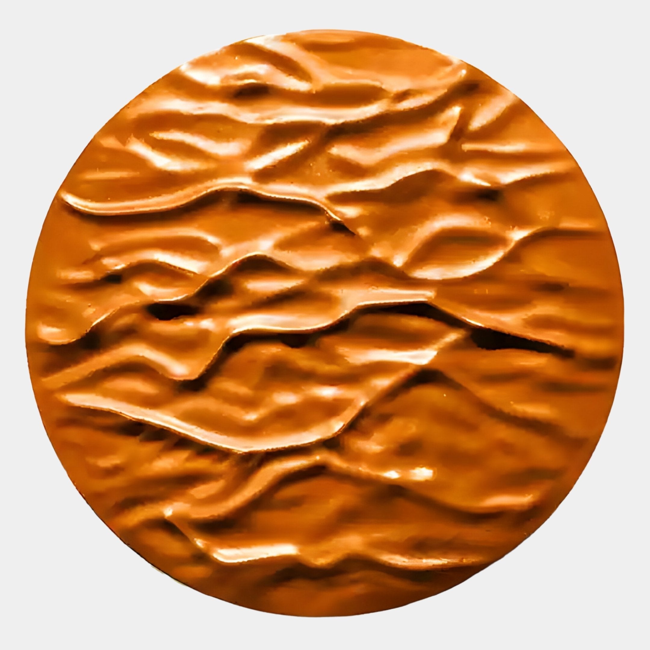 The Orenda Ripple Wave Orange Wood Relief 3D Wall Art by Giant Sculptures features a round, wavy-textured design—ideal for fans of Japanese Minimalist Decor and modern style.