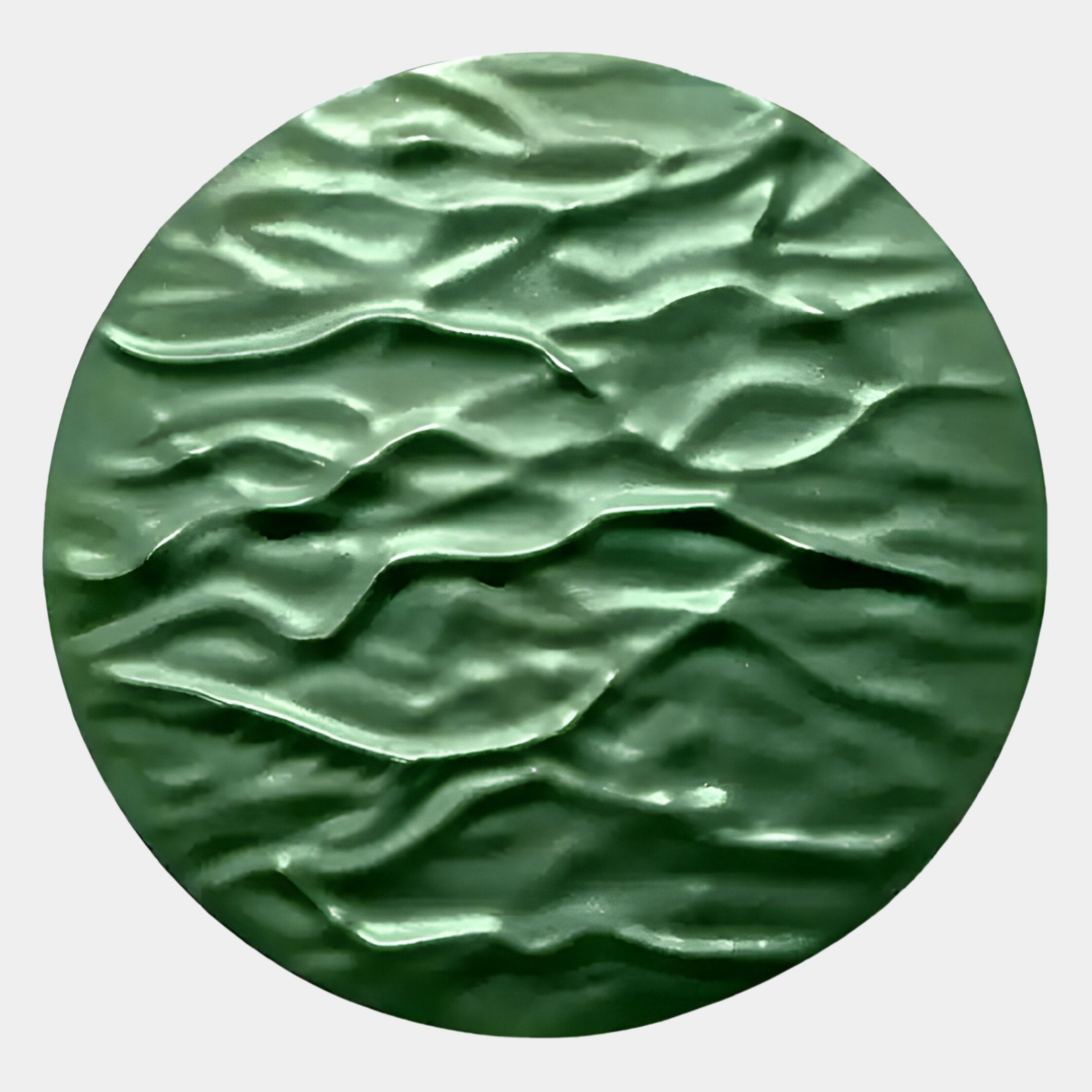 A circular green artwork featuring wavy, raised ridges, the Orenda Ripple Wave Green Wood Relief 3D Wall Art by Giant Sculptures is shown against a plain light background.