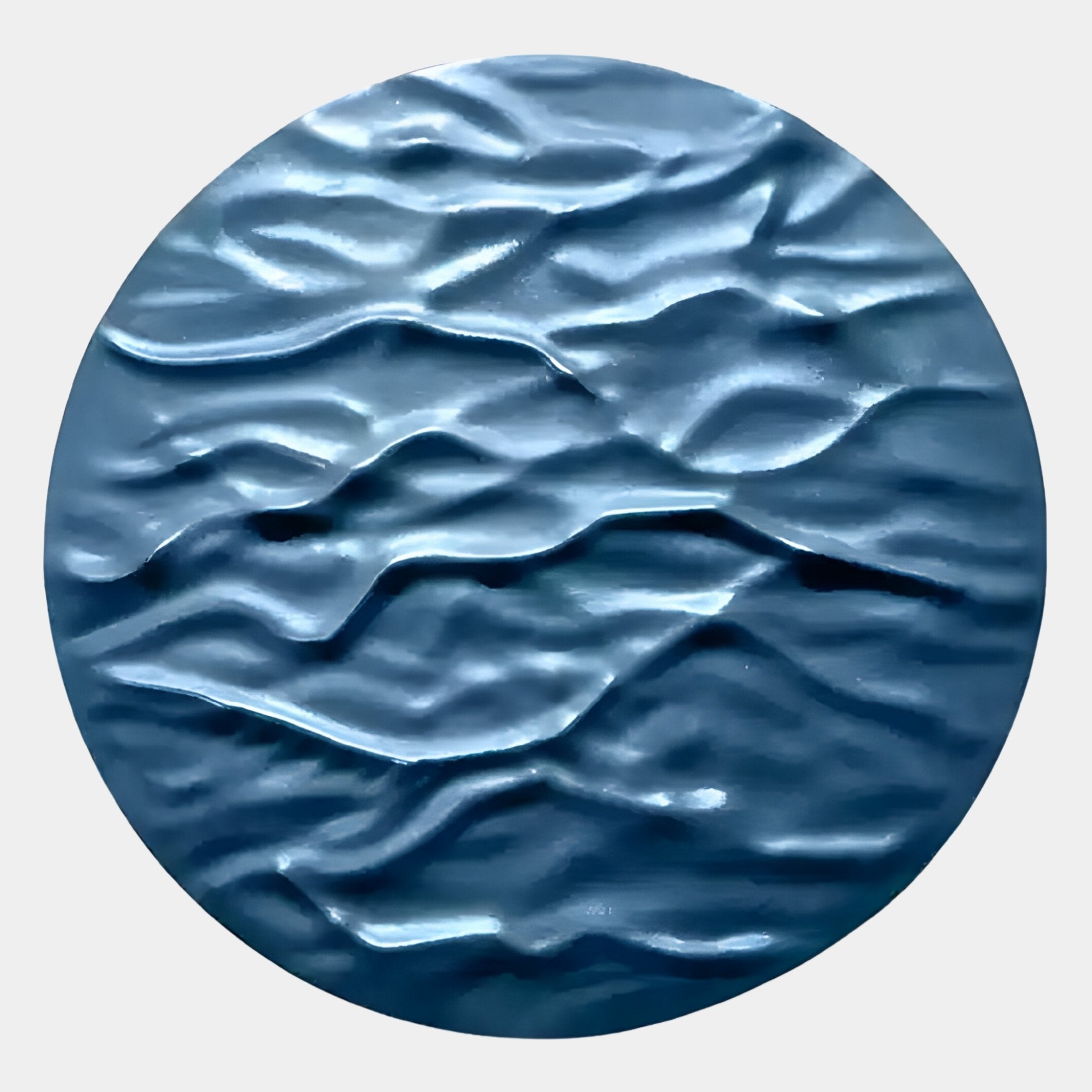 The Orenda Ripple Wave Blue Wood Relief 3D Wall Art by Giant Sculptures features a textured, wavy surface inspired by Japanese minimalism, resembling water ripples and shaded in elegant blue tones.