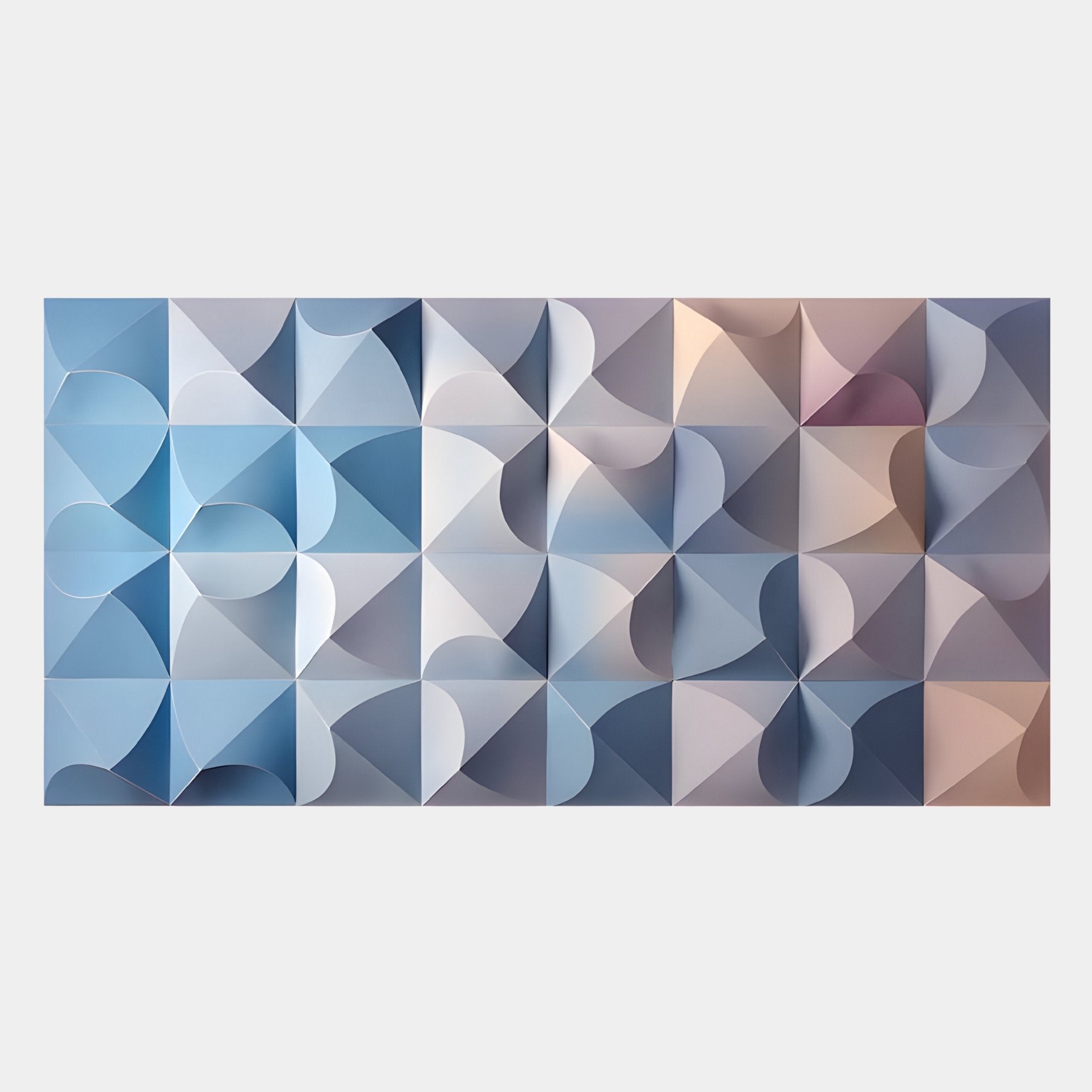 The Elysia Geometric Pastel Gradient Wood Relief 3D Wall Art by Giant Sculptures features curved, folded shapes in soft blue, gray, and beige gradients on wood panels, creating a striking three-dimensional wave effect.