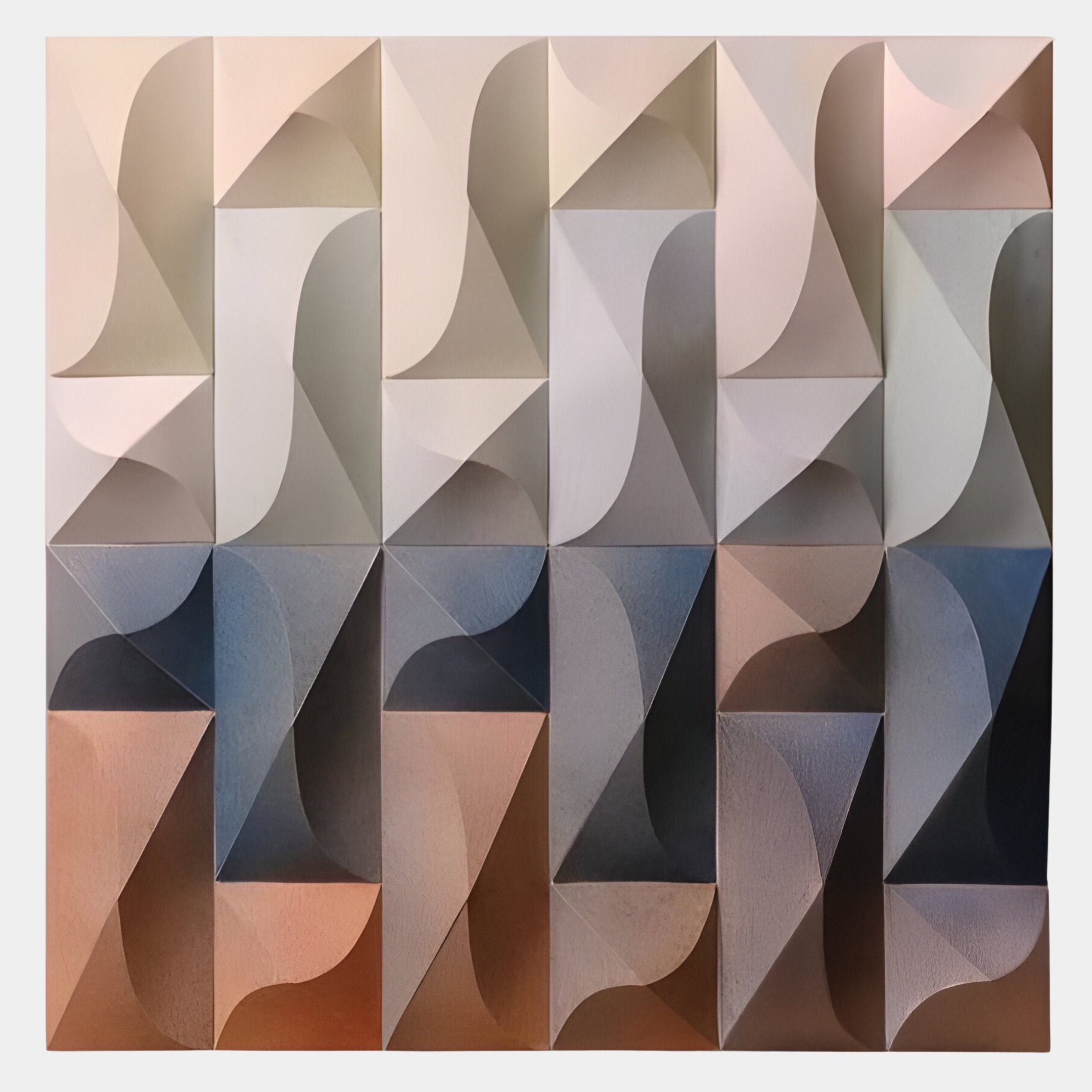 The Elysia Geometric Warm Gradient Wood Relief 3D Wall Art by Giant Sculptures features 20 square panels with curved and straight shapes in beige, gray, blue, and brown—ideal 3D wall art for modern interiors.
