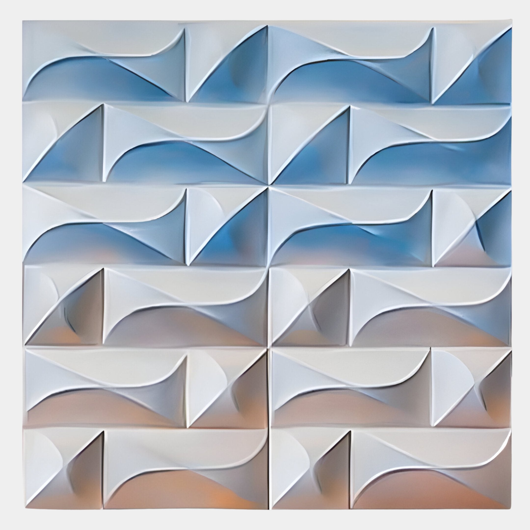The Elysia Geometric Cool Gradient Wood Relief 3D Wall Art by Giant Sculptures features 16 sections of curved, folded white forms casting blue and beige shadows for a striking dimensional pattern.