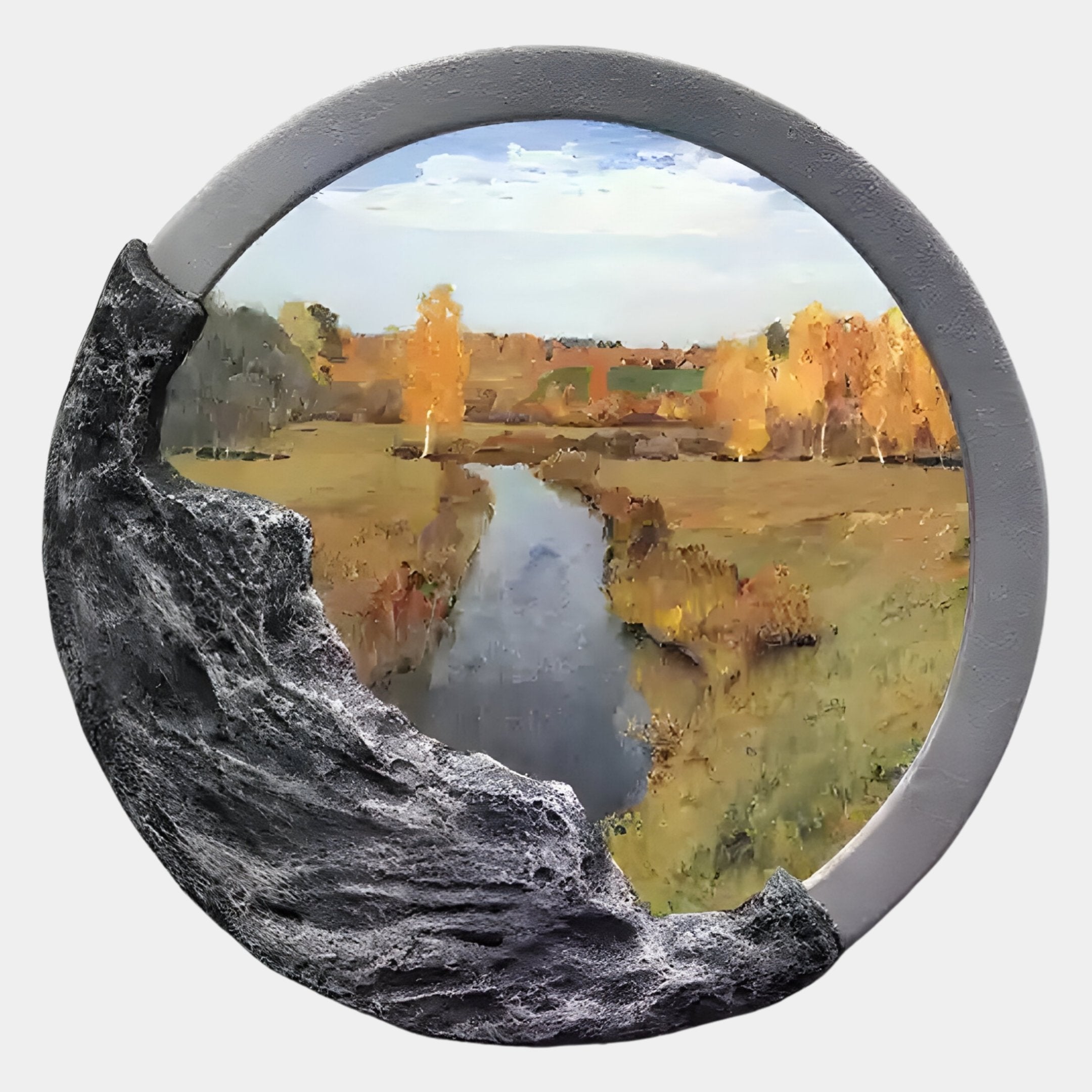 The Sylvara Golden River Hand-Painted Wood Relief 3D Wall Art by Giant Sculptures features serene autumn trees and a shimmering river, with a gray stone-like frame blending seamlessly into the artwork.