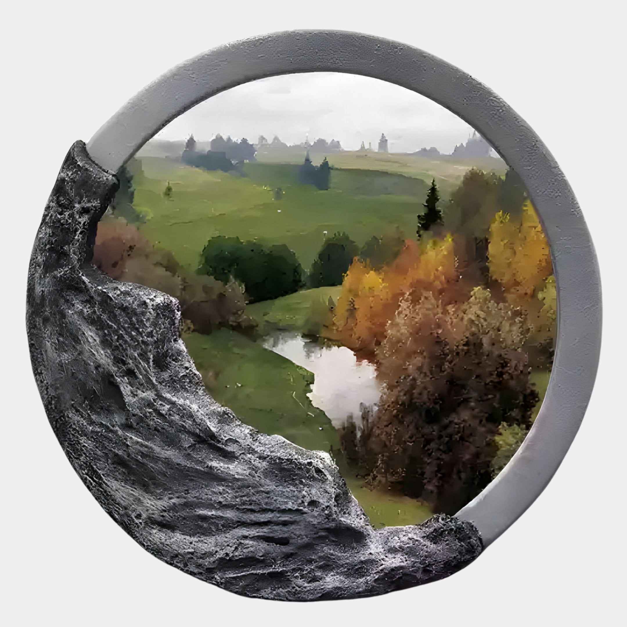 The Sylvara Meadow Vista Hand-Painted Wood Relief 3D Wall Art by Giant Sculptures features a round, stone-like frame encasing a scenic landscape with rolling green hills, a river, and autumn trees beneath a cloudy sky.