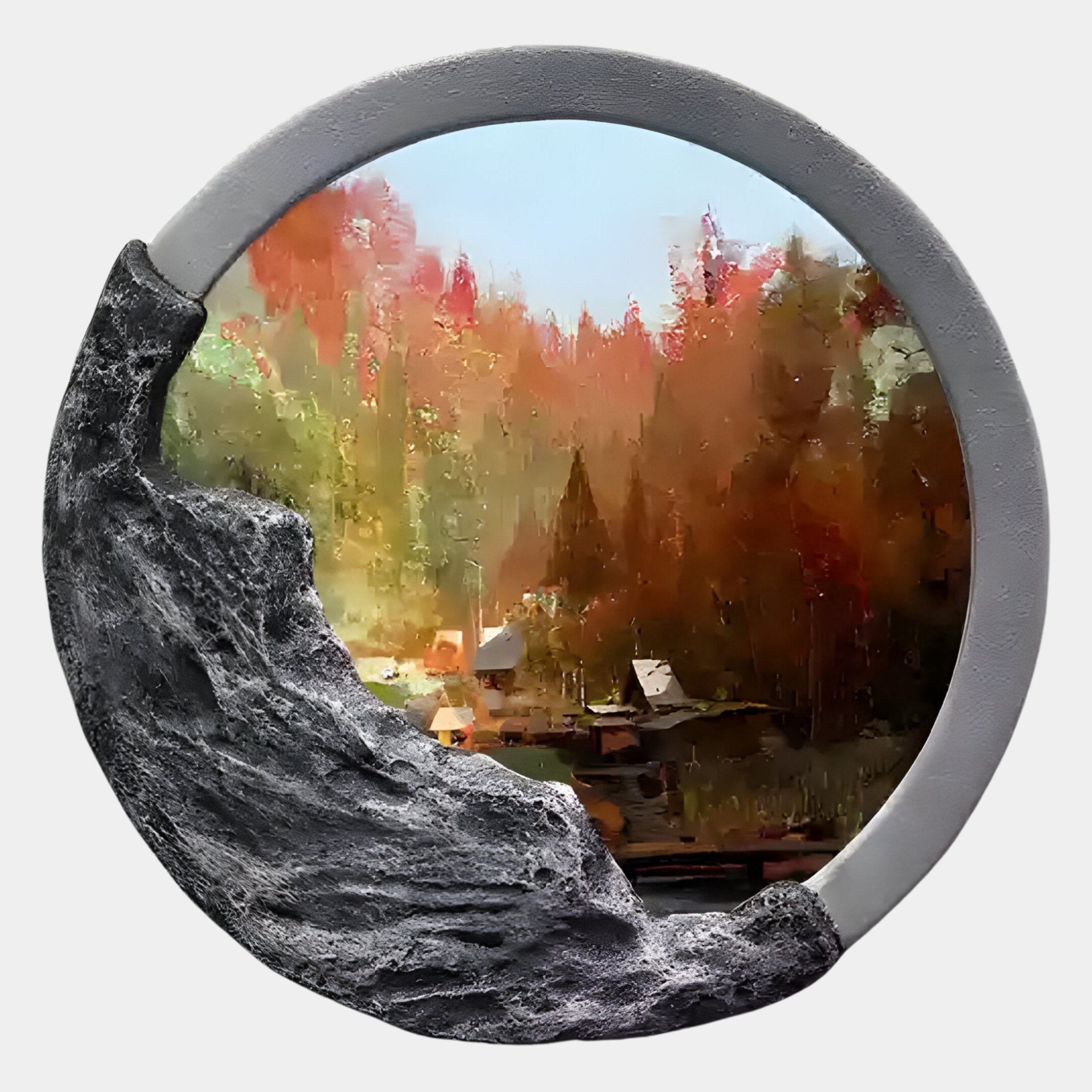 The Sylvara Autumn Woods Hand-Painted Wood Relief 3D Wall Art by Giant Sculptures features a circular, rocky-edged frame encasing a vivid autumn scene of trees and houses by a river, blending artistic detail with natural textures.