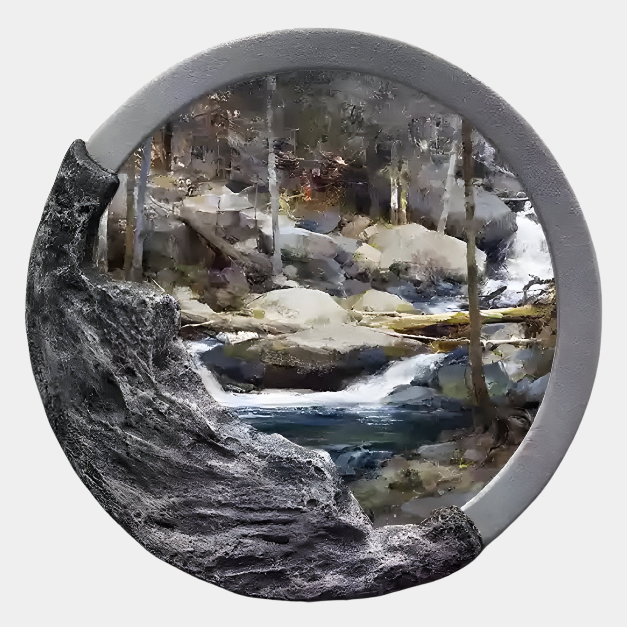 The Sylvara Forest Stream Hand-Painted Wood Relief 3D Wall Art by Giant Sculptures blends painting and sculpted black and gray elements to depict a forest stream with rocks and trees, creating seamless dimensional wall art.