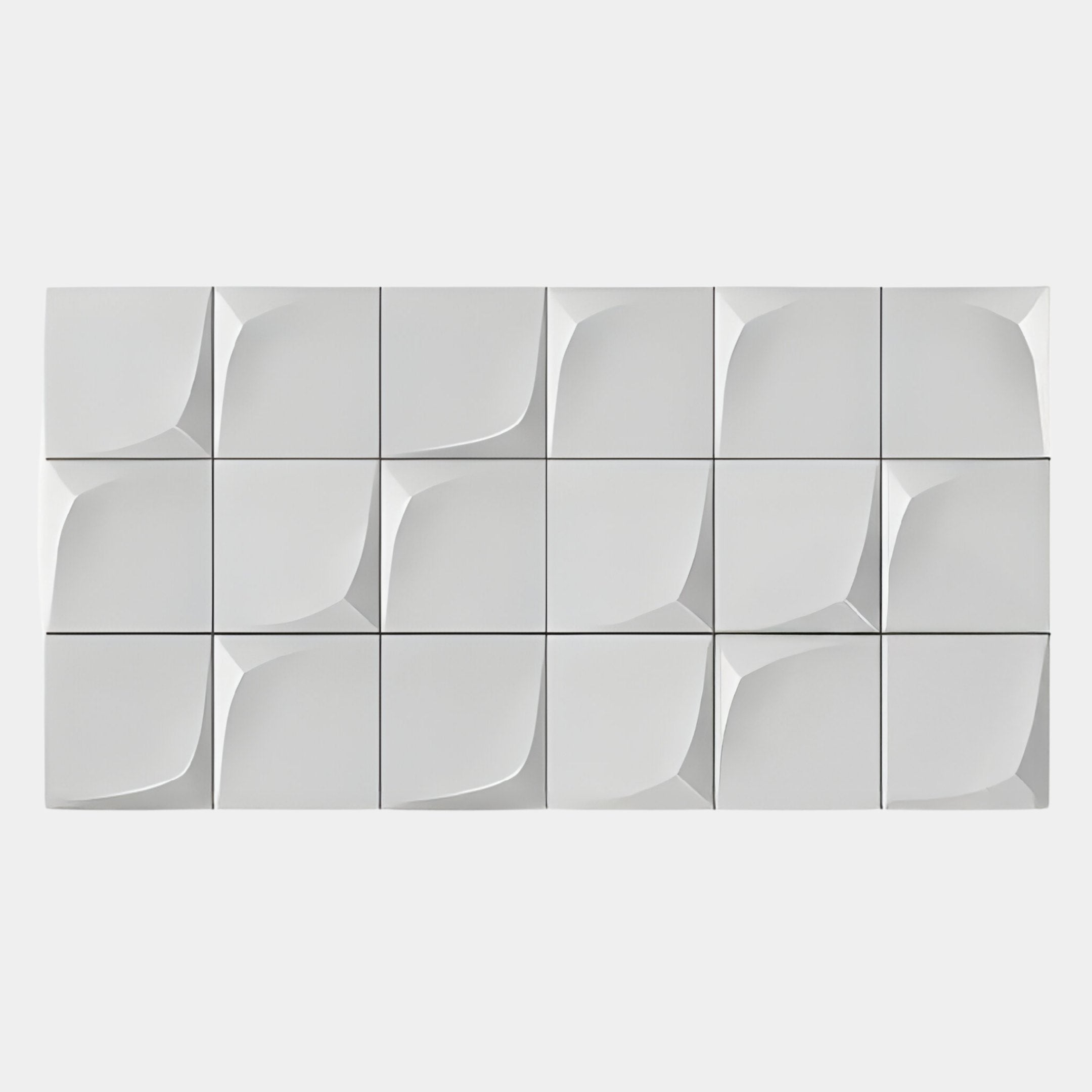 The Averra White Block Wood Relief 3D Wall Art by Giant Sculptures features sixteen white, square tiles with curved geometric indentations, forming a modern, sculptural pattern ideal as minimalist decor or striking wall art for contemporary spaces.