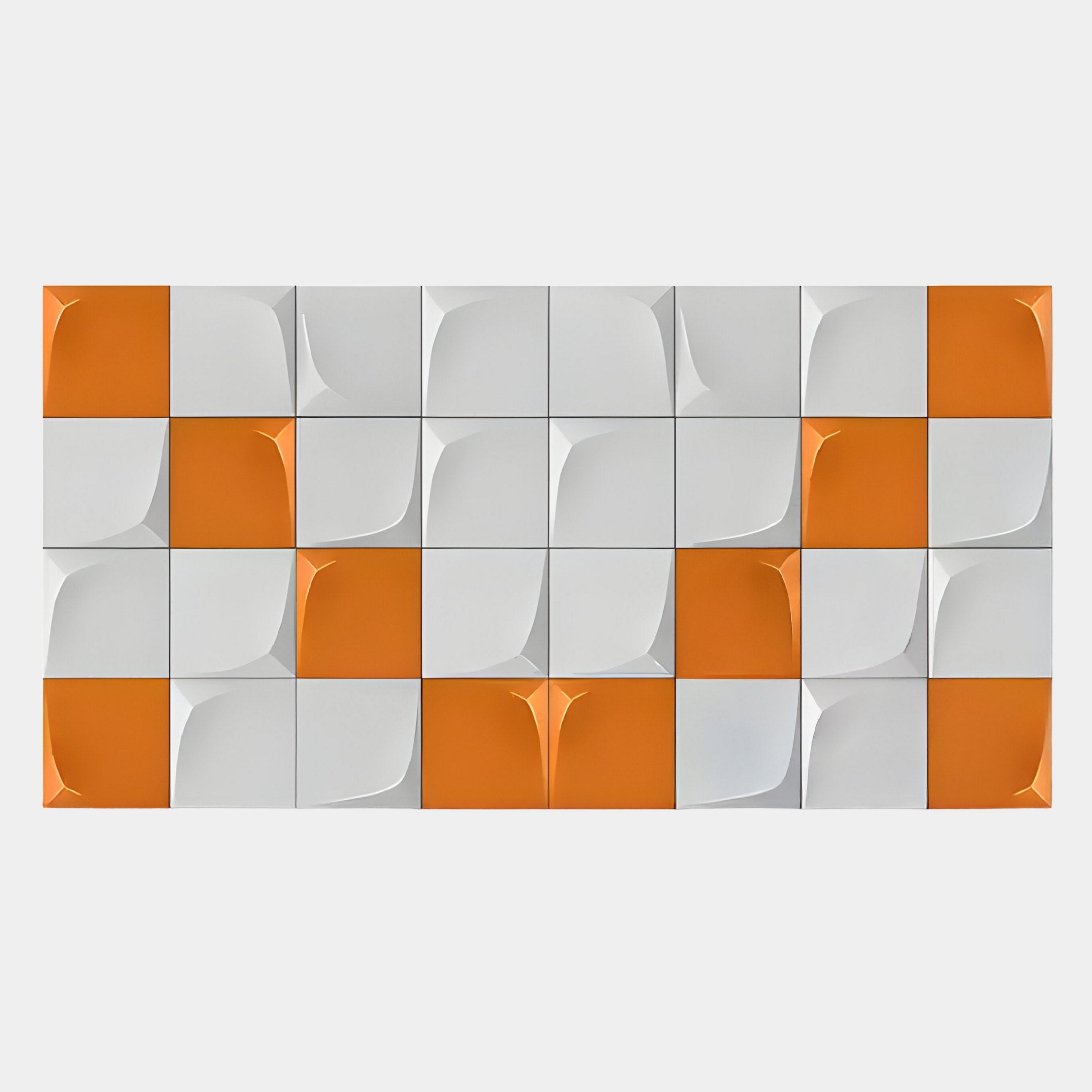 The Averra White & Orange Geometric Wood Relief 3D Wall Art by Giant Sculptures features 24 square tiles with indented, curved surfaces in alternating white and orange, creating a bold modern statement for any space.