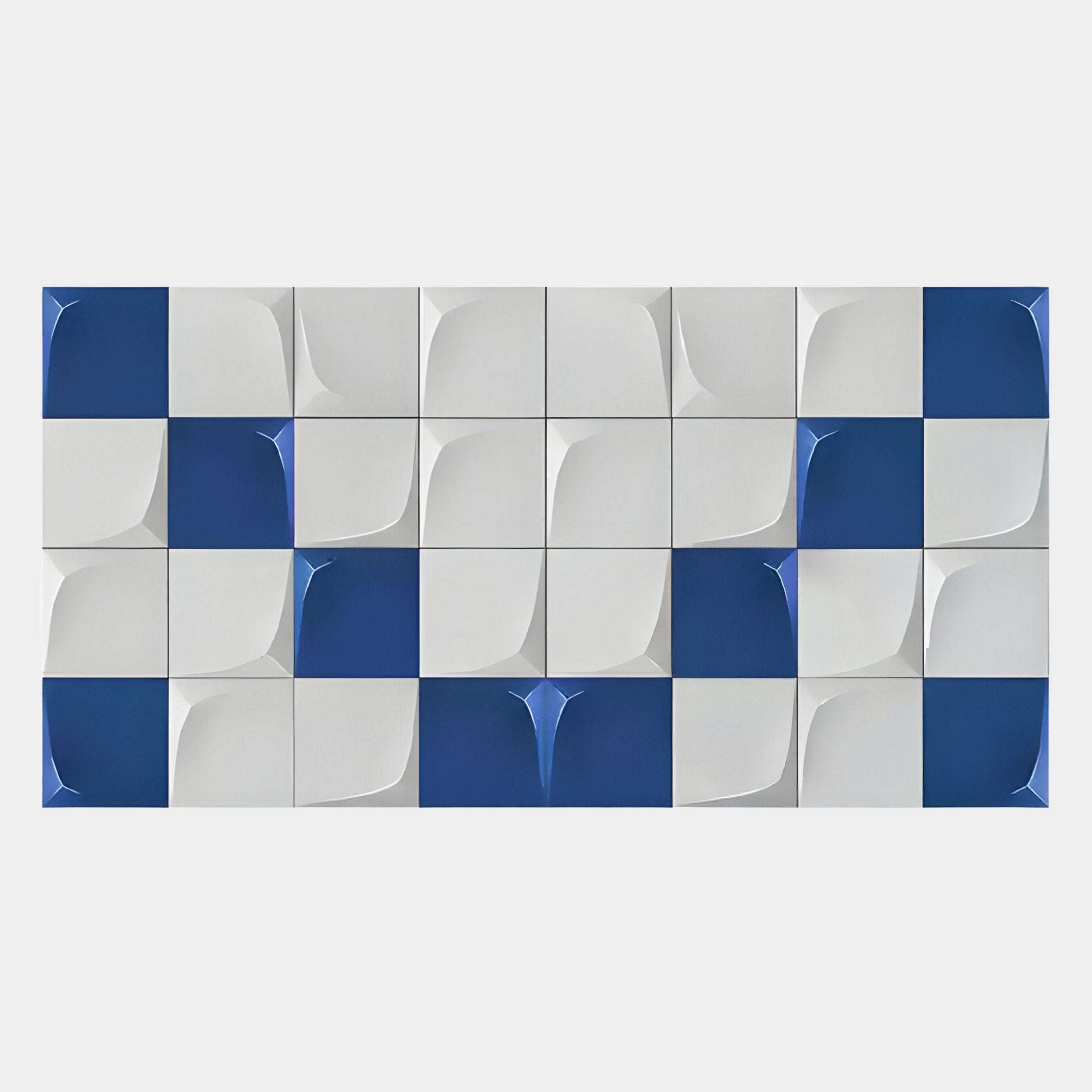 The Averra White & Blue Geometric Wood Relief 3D Wall Art by Giant Sculptures features 24 square tiles with petal-like carved details, creating dynamic geometric wall art ideal for modern interiors.