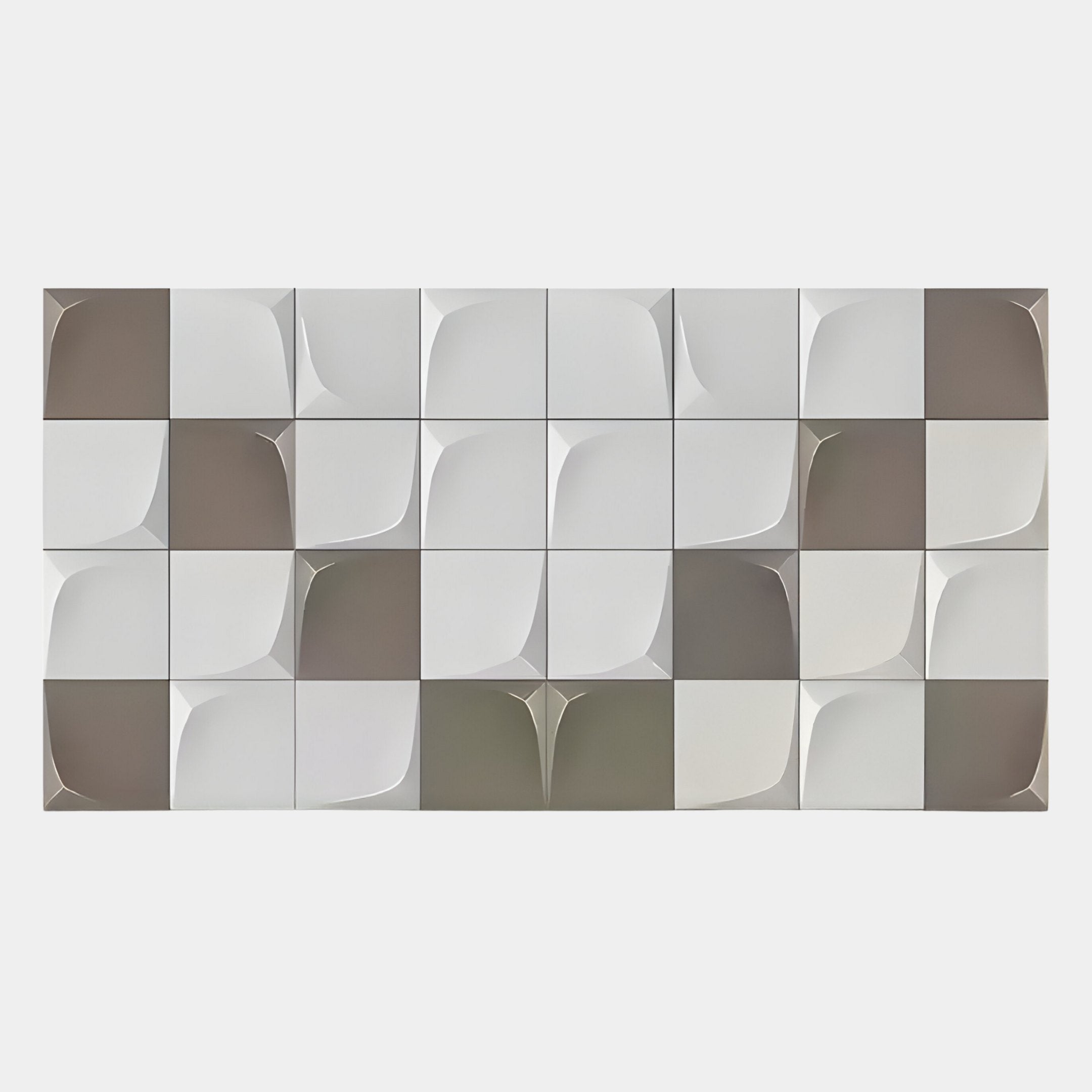 The Averra White & Brown Geometric Wood Relief 3D Wall Art by Giant Sculptures features raised, petal-like geometric tiles in white and brown, forming a modern abstract pattern with striking 3D texture.