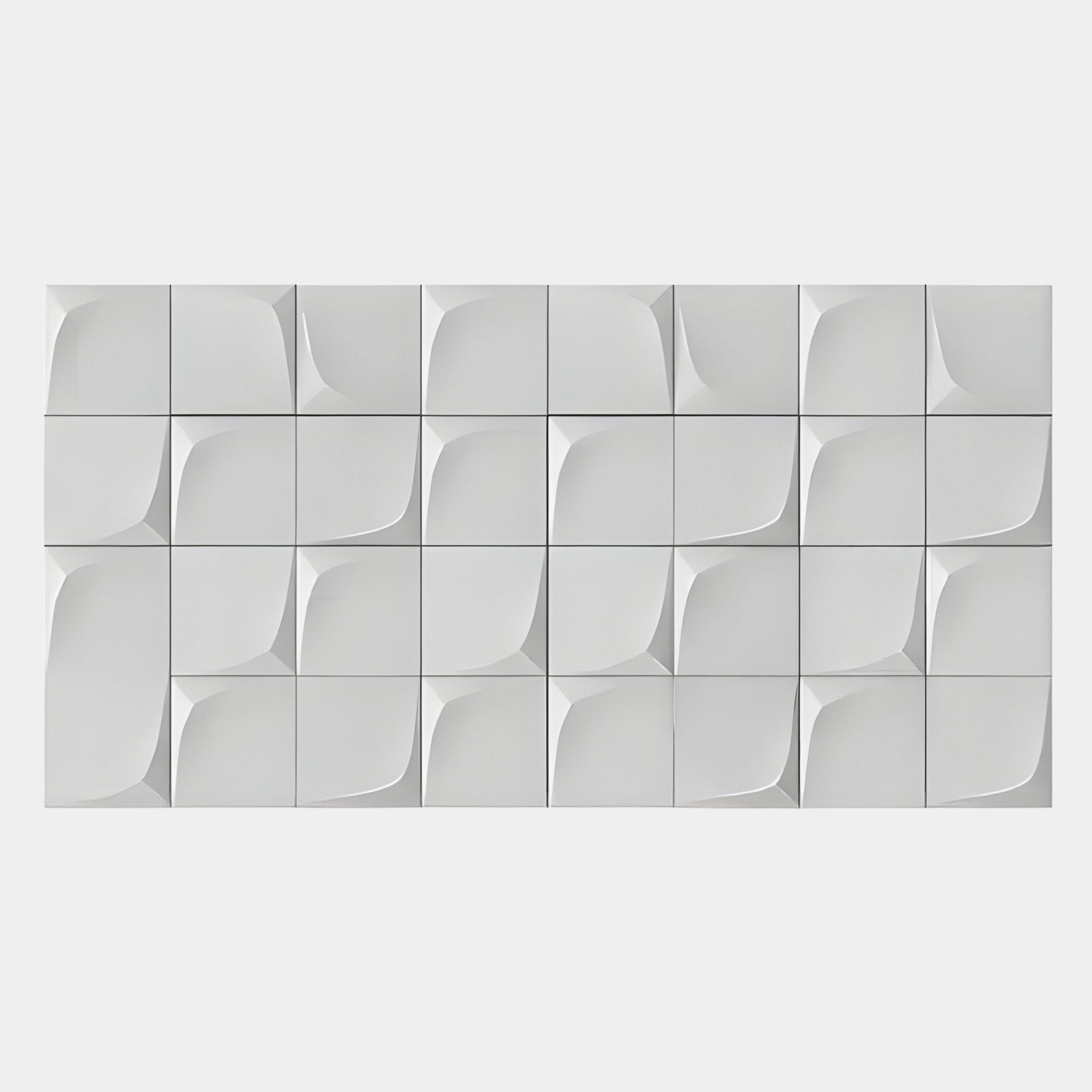 Averra White Geometric Wood Relief 3D Wall Art by Giant Sculptures features 24 white, square tiles with a subtle curved design, creating a modern geometric pattern perfect for minimalist interiors.