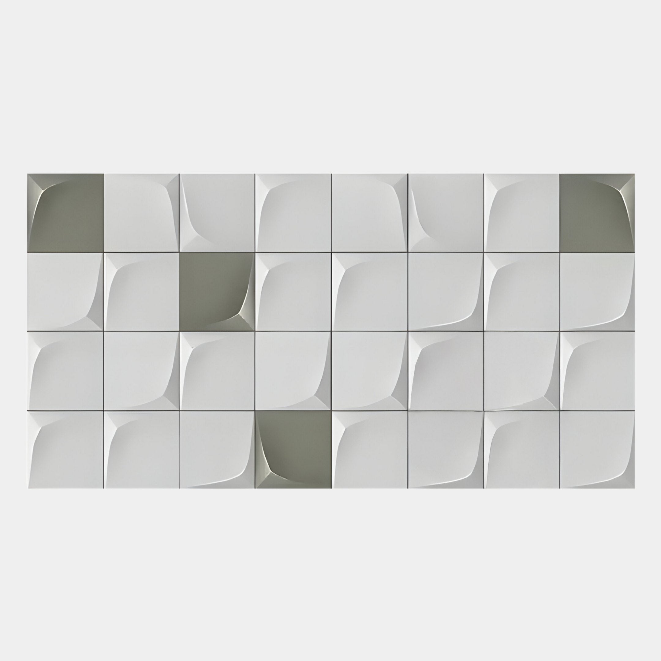 The Averra White & Sage Grid Block Wood Relief 3D Wall Art by Giant Sculptures features thirty smooth square tiles with petal-like white and pale gray shapes, creating a modern geometric look ideal for contemporary interiors.