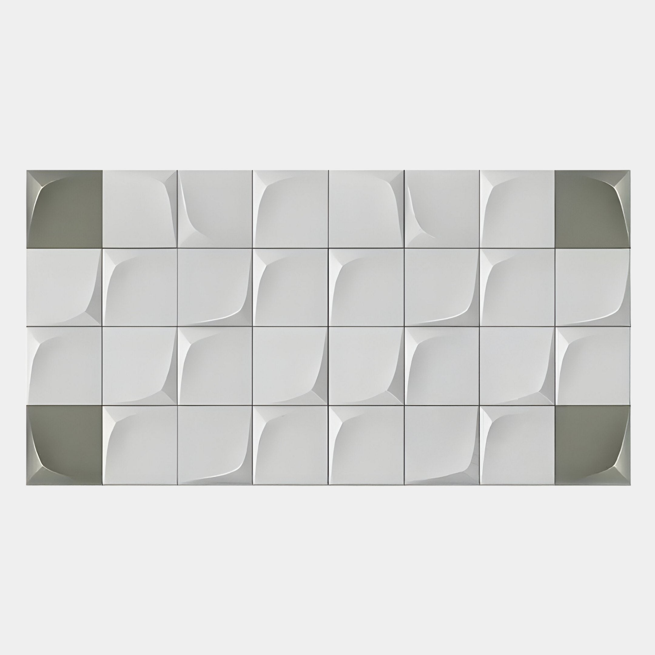 Averra White & Sage Edge Wood Relief 3D Wall Art by Giant Sculptures features a rectangular grid of white, three-dimensional tiles with abstract curves; light sage corner tiles create a subtle frame—perfect for modern interiors.