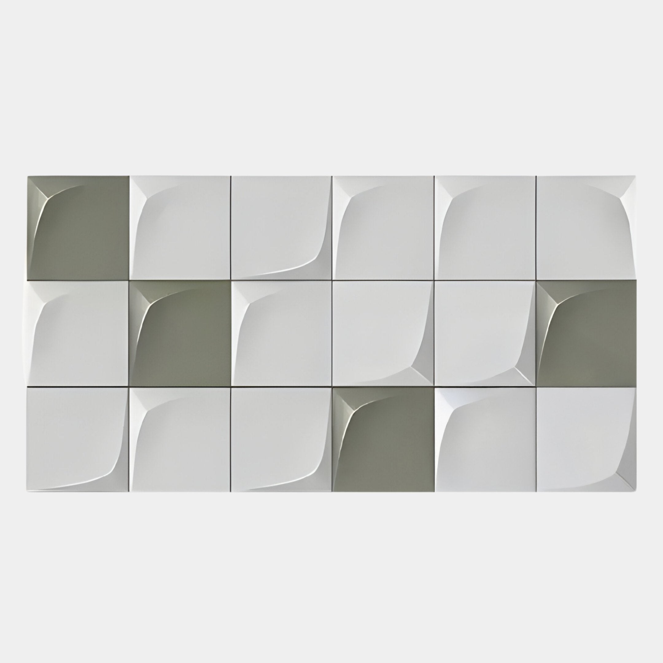The Averra White & Sage Block Wood Relief 3D Wall Art by Giant Sculptures features sixteen square tiles in a rectangular layout, boasting modern geometry and minimalism with curved designs in light gray and olive green on white.