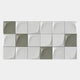 The Averra White & Sage Block Wood Relief 3D Wall Art by Giant Sculptures features sixteen square tiles in a rectangular layout, boasting modern geometry and minimalism with curved designs in light gray and olive green on white.