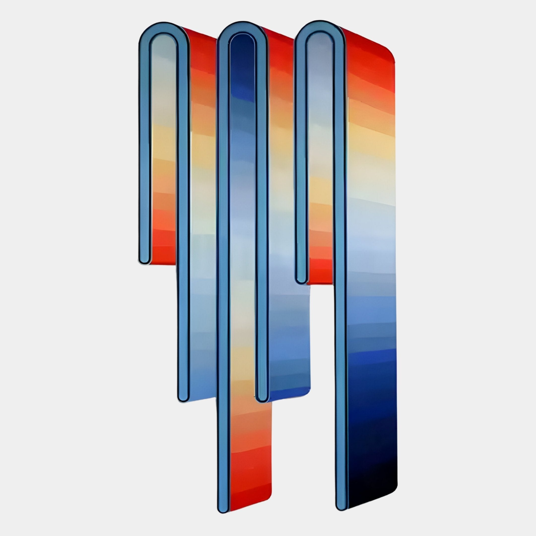 The Opaline Sunset Gradient Wood Relief 3D Wall Art by Giant Sculptures features four vertical, rounded rectangles in vibrant red, orange, yellow, blue, and gray tones, creating sleek geometric sophistication against a light background.