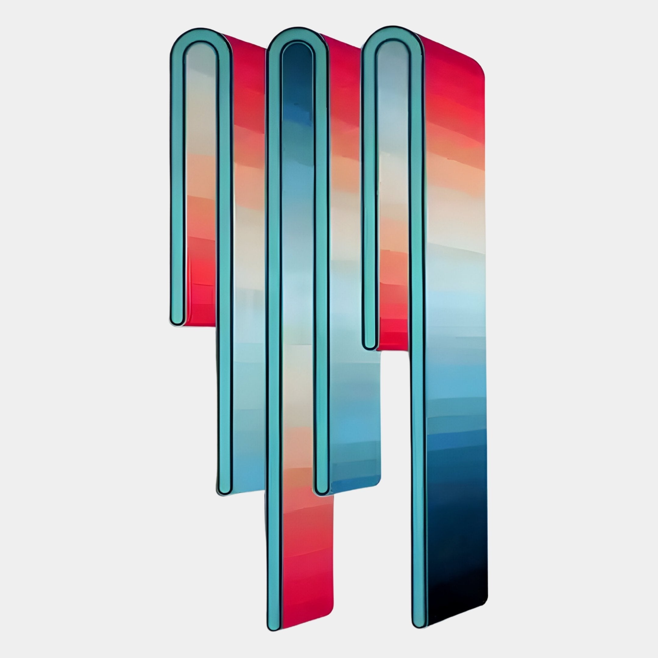 The Giant Sculptures Opaline Coral Teal Gradient Wood Relief 3D Wall Art features four elongated, rounded vertical shapes on a light gray background, offering striking modern design for your space.