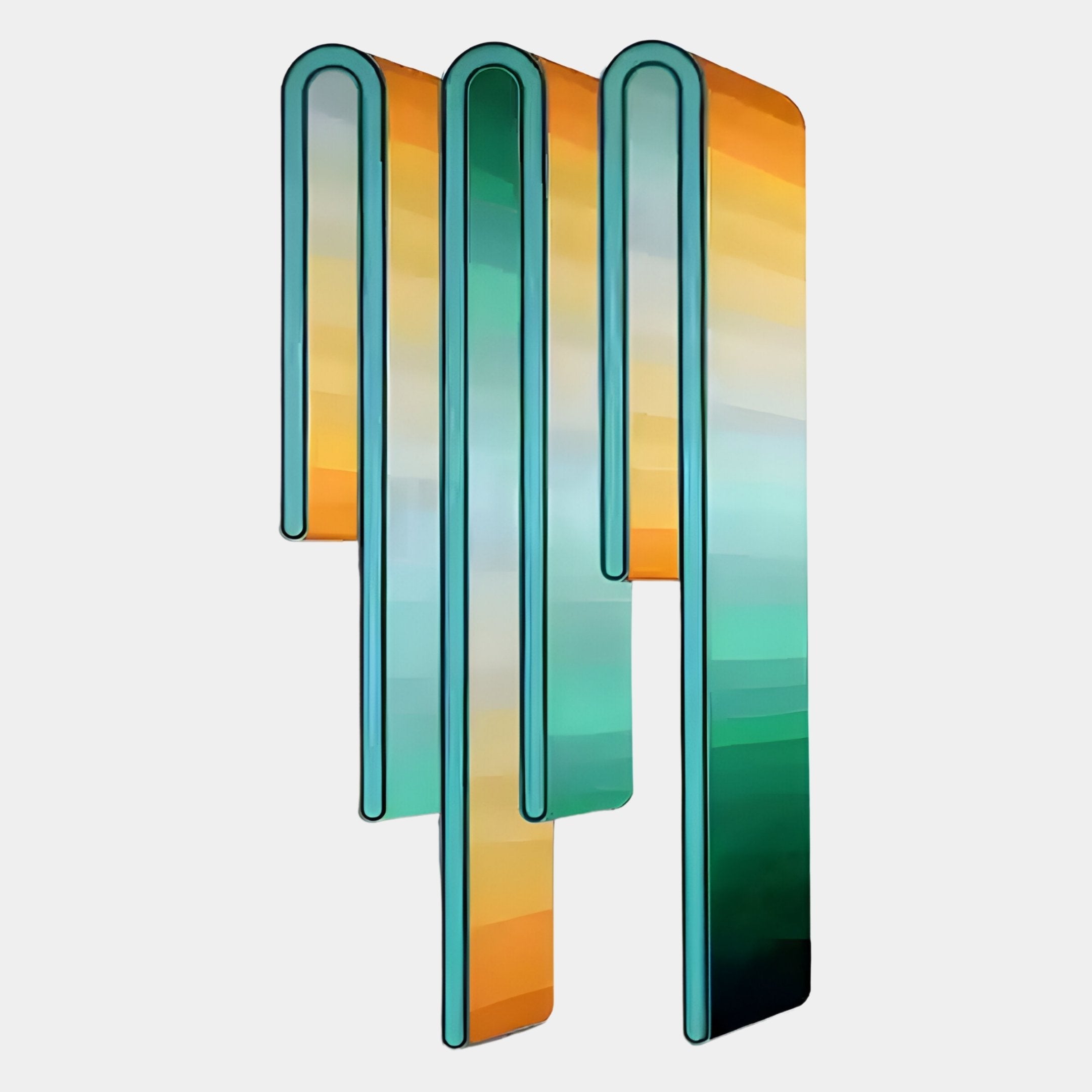 The Opaline Gold Emerald Gradient Wood Relief 3D Wall Art by Giant Sculptures features three vertical, rounded rectangles in teal, green, yellow, and orange gradients, side by side on a light gray background.