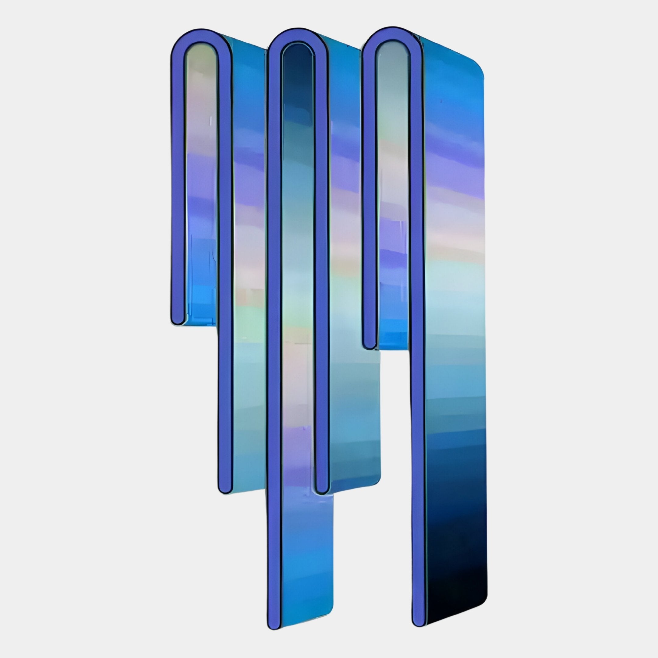 The Opaline Twilight Azure Gradient Wood Relief 3D Wall Art by Giant Sculptures features four vertical, rounded columns in blue and purple gradients on a light background for a striking modern accent.